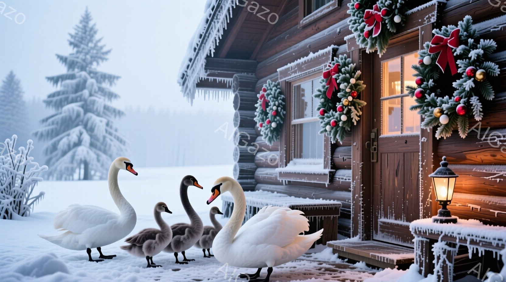 白い大鳥と、それに続く３羽の薄茶色の鳥が雪景色の中に立っている。背景には、クリスマス飾りで彩られた丸太小屋があり、暖かい光が窓から漏れている。雪と丸太小屋、そして鳥たちの姿が、静かで穏やかな冬の雰囲気 - AI生成フリー素材