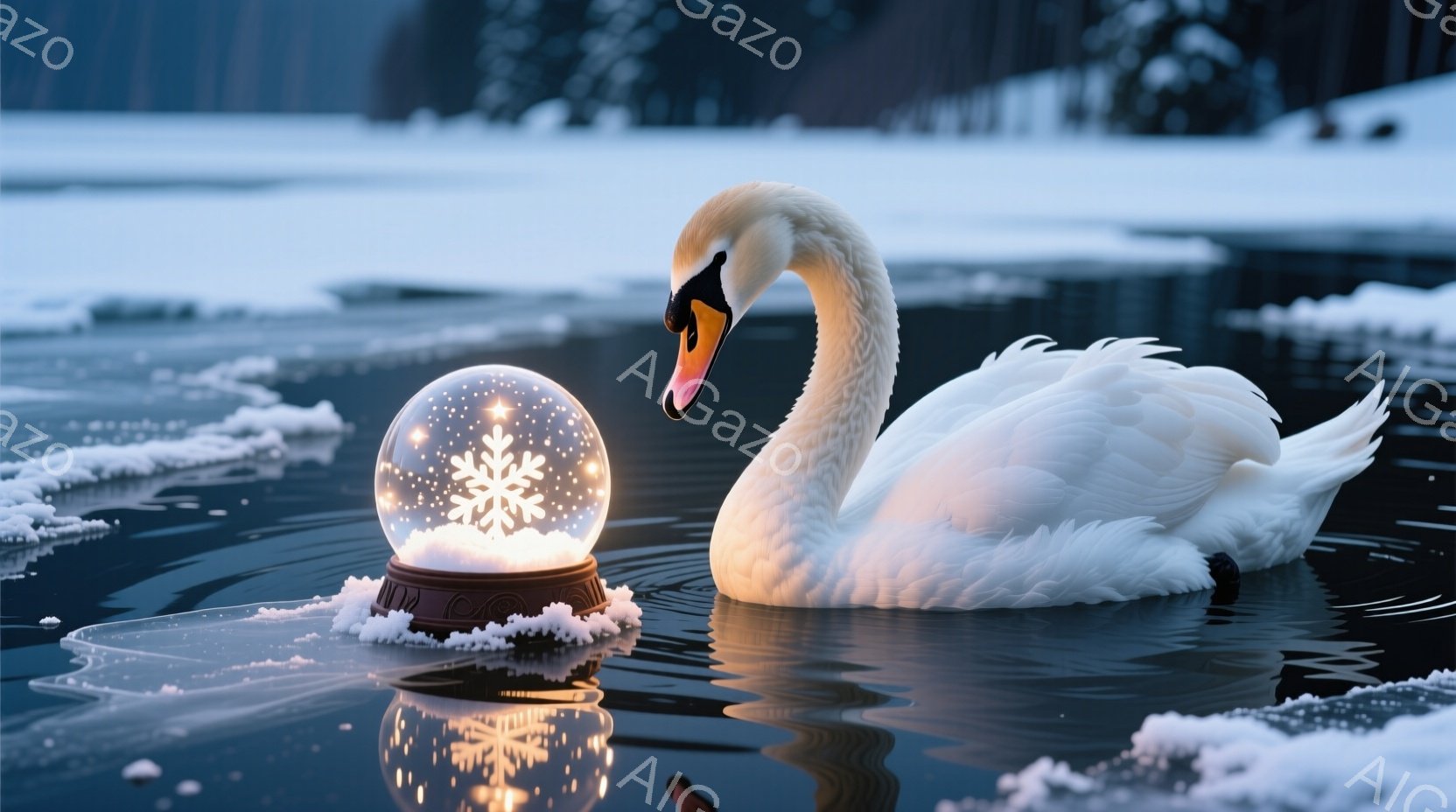 白い冬の風景の中に、優雅な白鳥が水面に浮かんでいます。その鳥の横には、雪の結晶が舞う光り輝くスノーグローブがあり、水面に反射して幻想的な雰囲気を醸し出しています。背景は暗い森と凍りついた水面で、全体的に静かで穏やかな冬の雰囲気が漂っています。