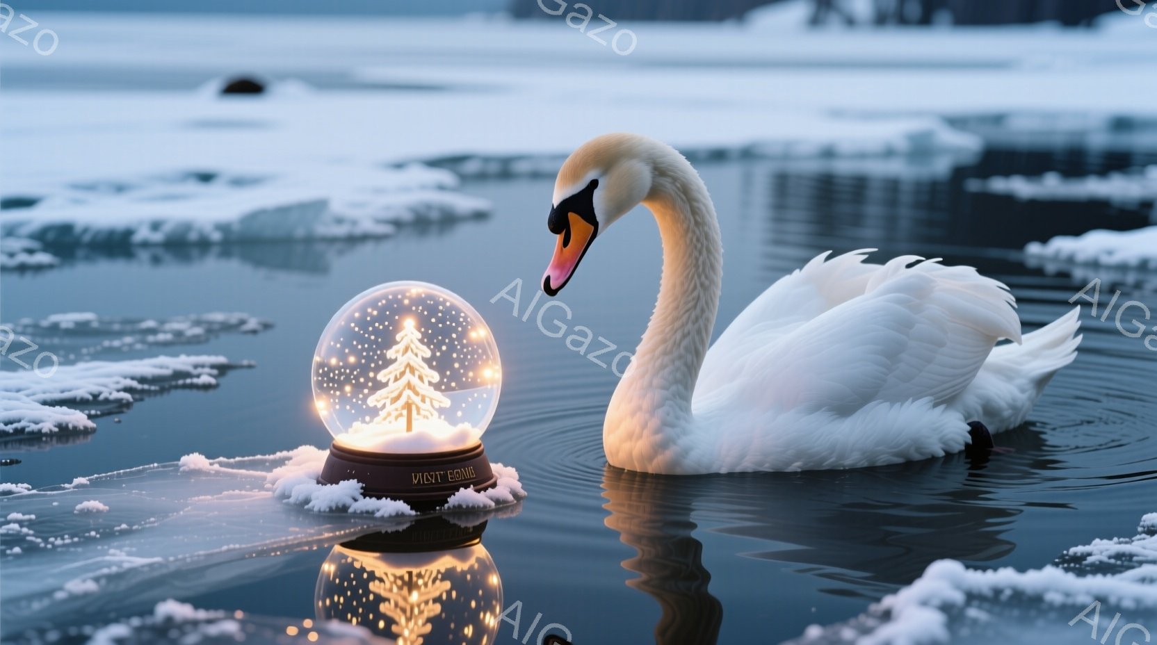 白鳥が水面に浮かび、そのそばには雪の結晶で飾られたクリスマスツリーが入ったスノーグローブが置かれている。背景は灰色がかった水面で、遠くには氷の塊が点在し、冬の寒々とした雰囲気を醸し出している。白鳥の優雅な姿とスノーグローブの幻想的な光が、静かで穏やかな情景を作り出している。