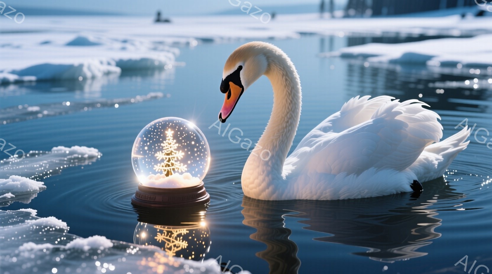 白鳥が凍った湖面を優雅に泳いでいる様子が捉えられています。その前には、雪景色とイルミネーションが輝くクリスマスのスノーグローブが浮かび、水面に反射して光が揺らめいています。背景は暗く、凍てつく冬の湖の - AI生成フリー素材