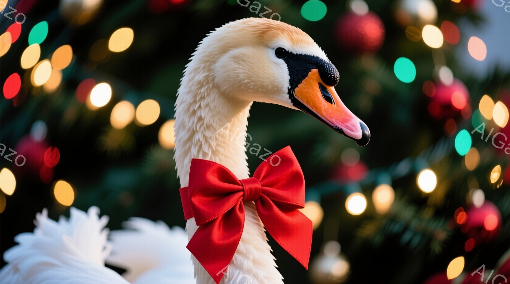 白い羽毛を持つ白鳥が、鮮やかな赤いリボンを首に巻いています。その姿は堂々としており、少し上を見ているように見えます。背景はぼやけたクリスマスツリーのライトで、暖かくお祝いの雰囲気を醸し出しています。