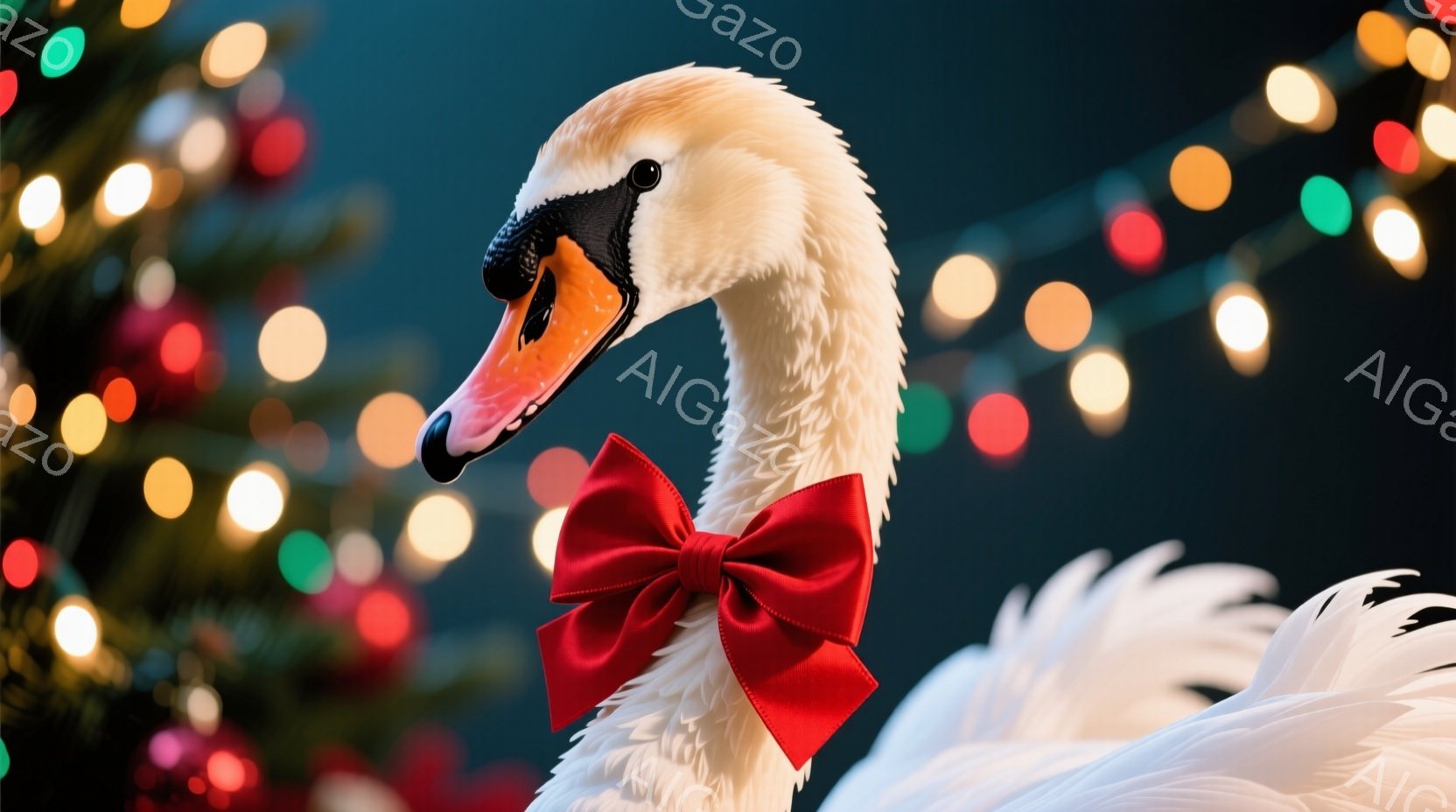 白鳥が鮮やかな赤いリボンを首に巻き、正面を見つめている。背景にはぼやけたクリスマスツリーとカラフルな電飾が光り、冬の暖かく華やかな雰囲気を醸し出している。白鳥の羽は繊細に描かれ、その優雅な姿勢が印象的だ。