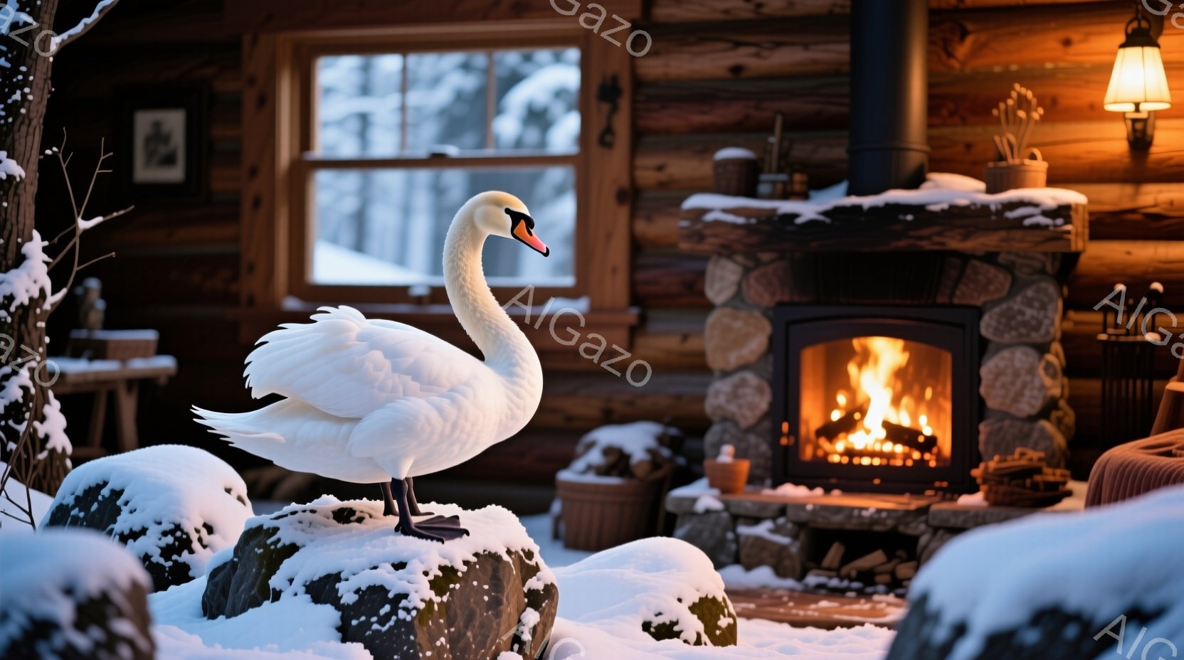 白いハクチョウが雪に覆われた岩の上で優雅に立っている。背景には、暖炉があり、炎が燃え盛る様子が見え、木造の壁と窓の外の雪景色が暖かく落ち着いた雰囲気を醸し出している。暖炉の周りには壺や薪が置かれ、室内 - AI生成フリー素材