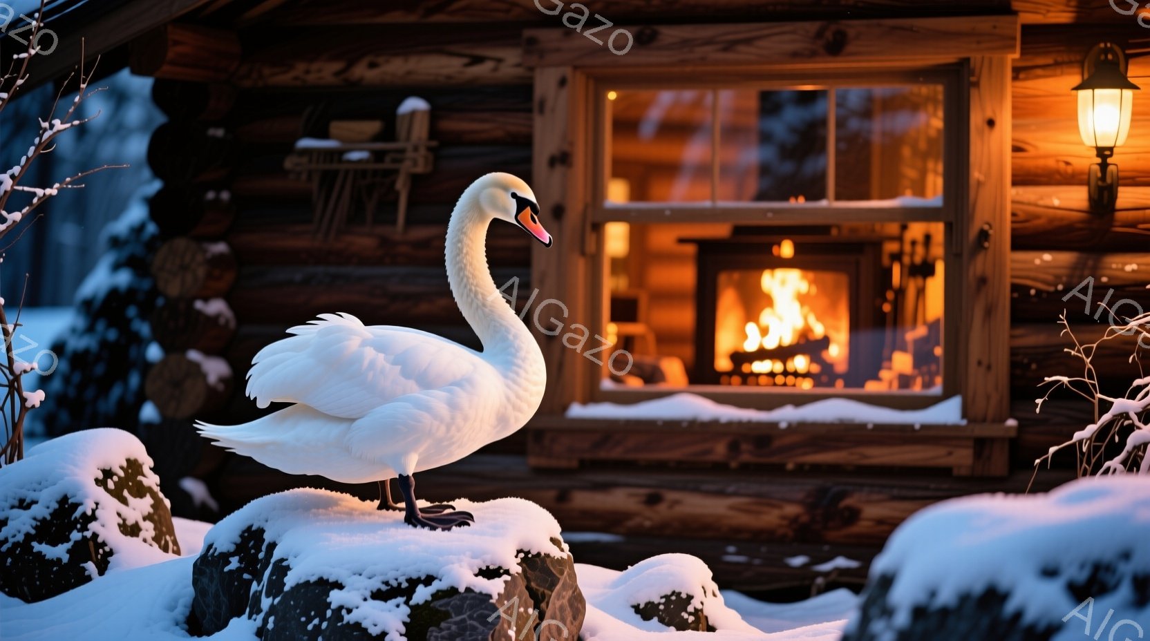 白いハクチョウが雪に覆われた岩の上に優雅に立っている。背景には、暖炉の火が灯ったログハウスがあり、窓から温かい光が漏れている。雪が降り積もり、冬の静かで穏やかな雰囲気が漂っている。 - AI生成フリー素材
