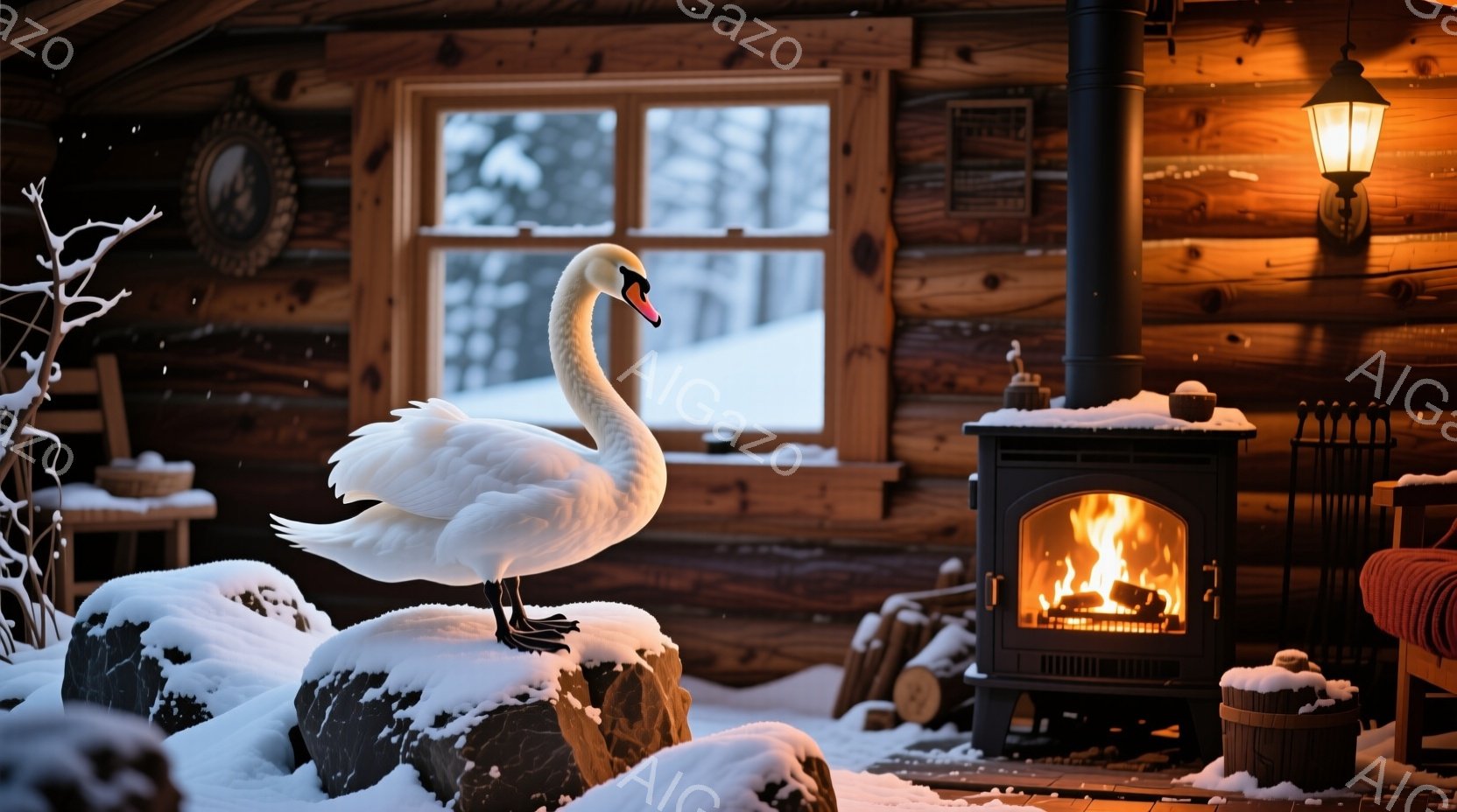 白いハクチョウが雪に覆われた岩の上に優雅に立っている。暖炉の火が温かい光を放ち、木製の壁と家具に照らしている。外は雪景色で、窓の外には雪に覆われた風景が広がり、冬の穏やかな雰囲気を醸し出している。 - AI生成フリー素材