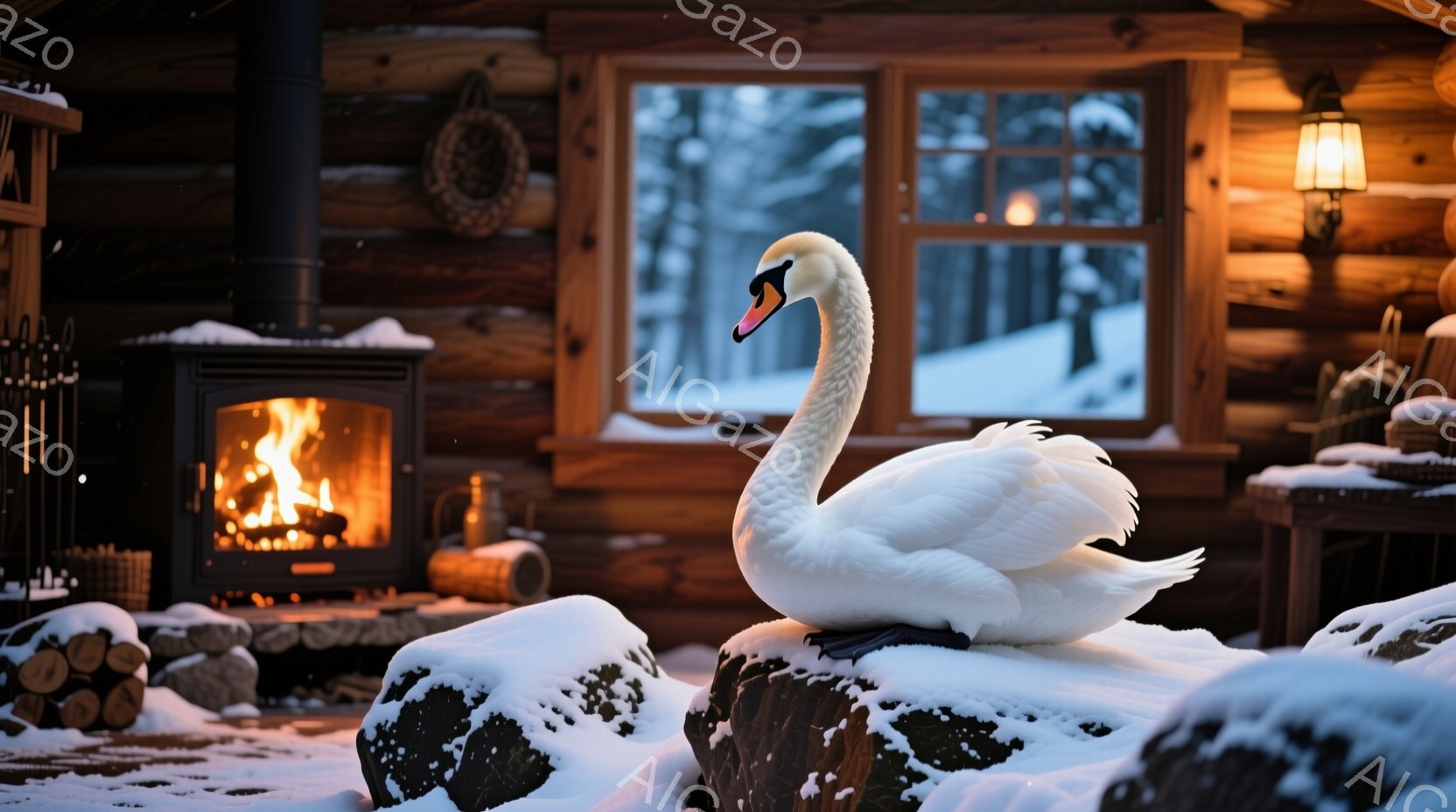 白いハクチョウが雪に覆われた岩の上に優雅に立っている。背景には暖炉の炎と木製の壁、そして雪景色が見える窓があり、冬の静かで落ち着いた雰囲気が漂っている。暖炉の光と窓からの景色が、ハクチョウを際立たせ、温かさと静寂が混ざり合った空間を作り出している。