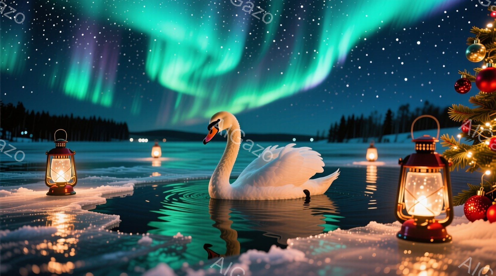 白鳥が一つの凍った湖の中央で優雅に泳いでいる。周囲には、暖かく光るランタンがいくつか置かれ、雪に覆われた岸辺を照らしている。背景には暗い森林が広がり、夜空にはオーロラが輝き、静かで神秘的な冬の雰囲気を - AI生成フリー素材