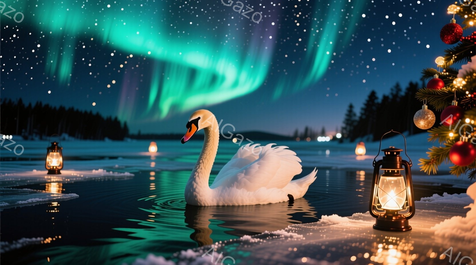 白鳥が凍った湖面を優雅に泳いでいる、幻想的な光景だ。夜空にはオーロラが輝き、湖畔には灯りがともったランタンが並び、冬の静寂と美しさを際立たせている。背景には暗い森が広がり、クリスマスの飾り付けが施され - AI生成フリー素材