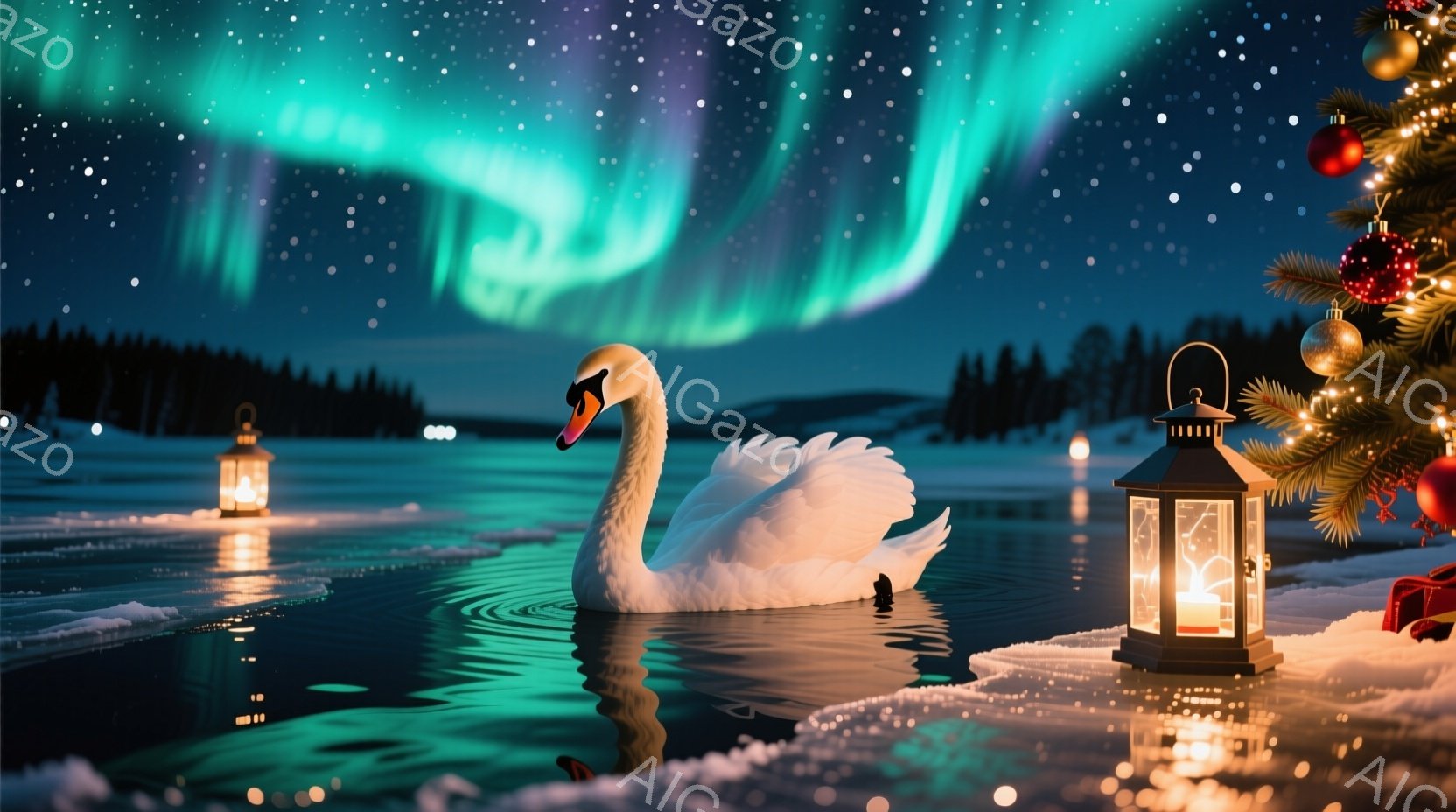 白い白鳥が、静かな水面に浮かび、その姿を水面に映し出しています。背景には暗い森と、オーロラのように輝く緑色の光が広がり、冬の夜空を幻想的に彩っています。岸辺にはクリスマスツリーが飾られ、灯りが灯ったラ - AI生成フリー素材