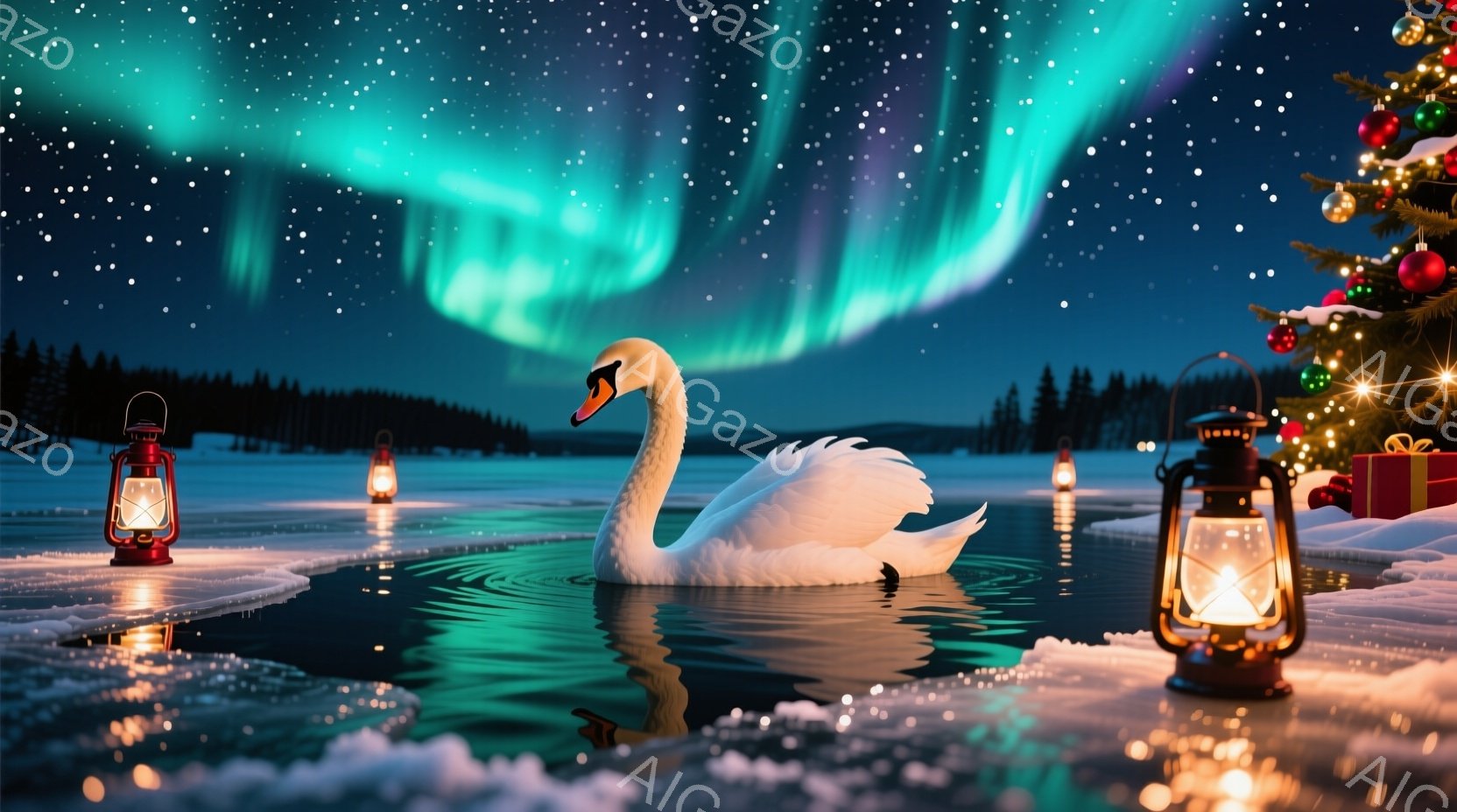 白い白鳥が、凍った湖面を背景に優雅に水面を泳いでいる。夜空にはオーロラが輝き、湖畔には明かりを灯したランタンが並び、幻想的な雰囲気を醸し出している。冬の夜空と水面の反射が、静寂で美しい情景を作り出して - AI生成フリー素材