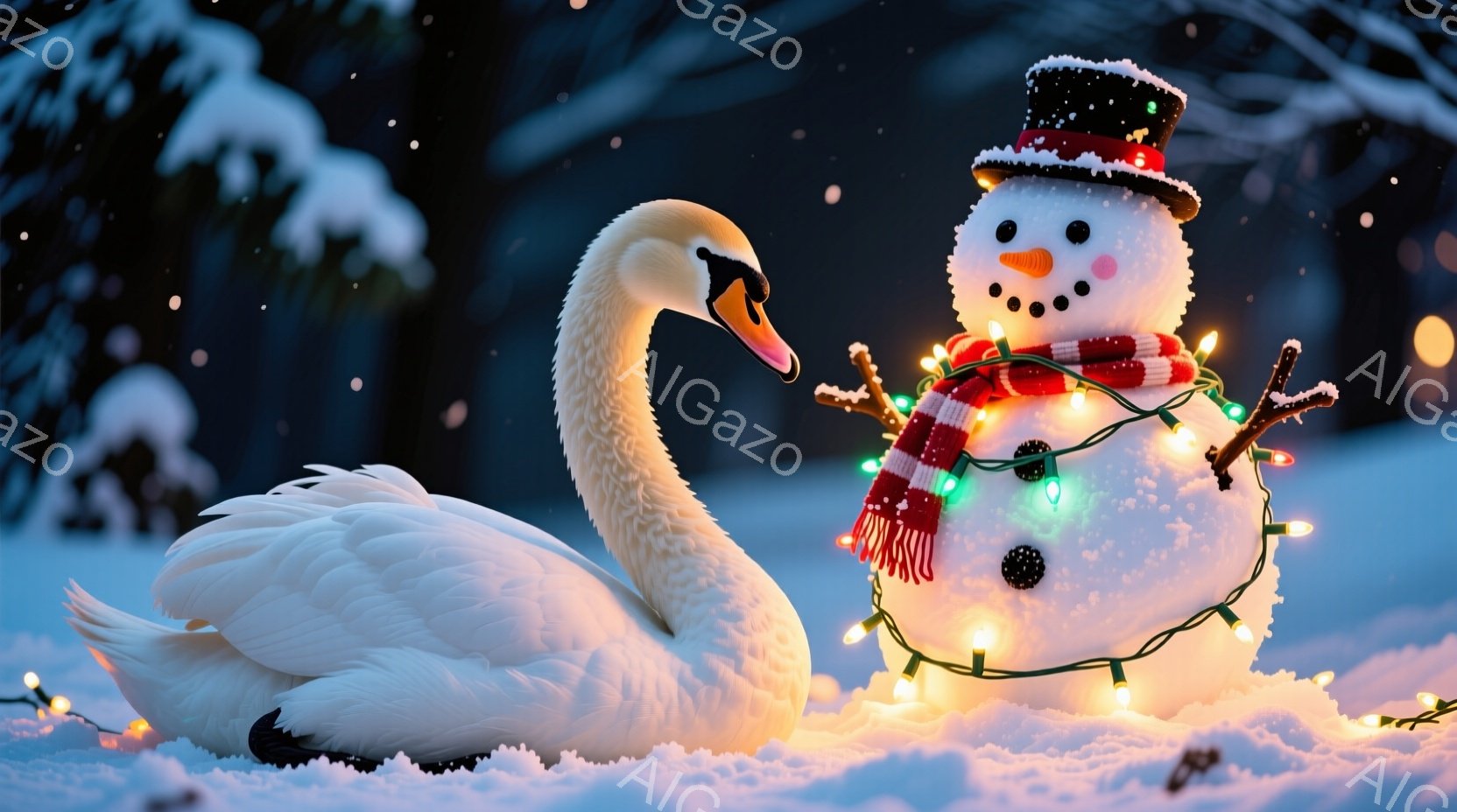 白い鳥、おそらく白鳥が雪の上に横たわっており、隣には雪だるまが立っています。雪だるまは赤いスカーフで首を飾り、カラフルな電飾で包まれており、楽しい雰囲気を醸し出しています。背景には雪景色が広がり、冬の - AI生成フリー素材