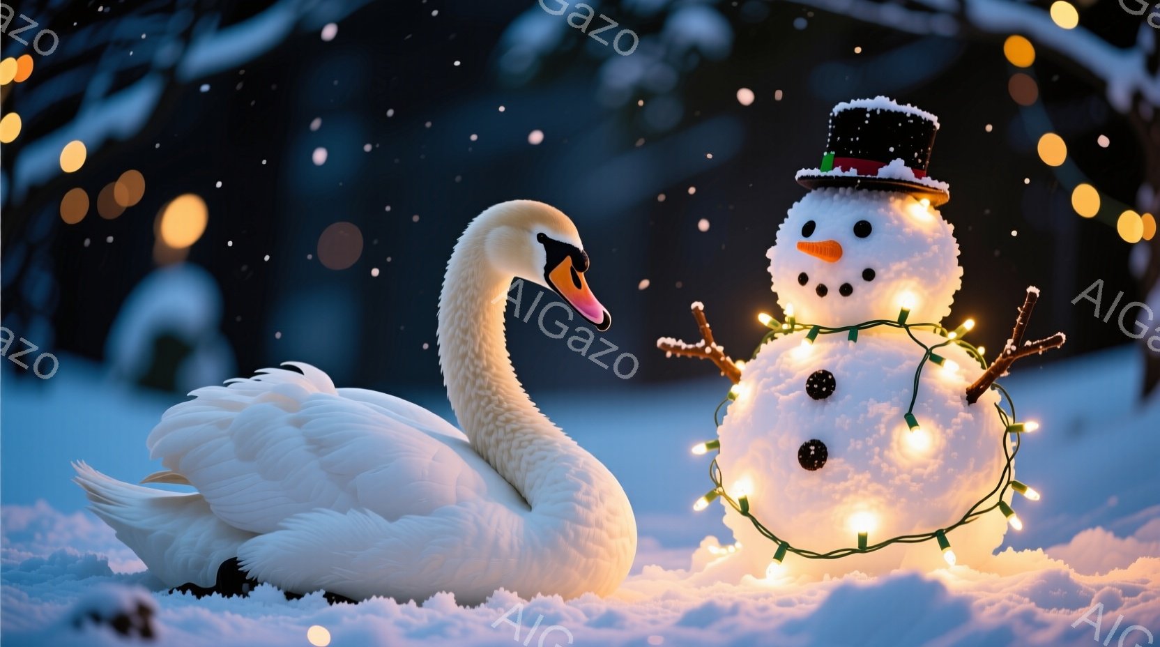 白い大きな鳥、おそらく白鳥が雪の上に座っており、隣には雪だるまが立っています。雪だるまは、丸い鼻と炭で作られた目、そして頭には黒い帽子をかぶっており、暖かい光を放つ電飾で飾られています。背景は暗く、雪 - AI生成フリー素材