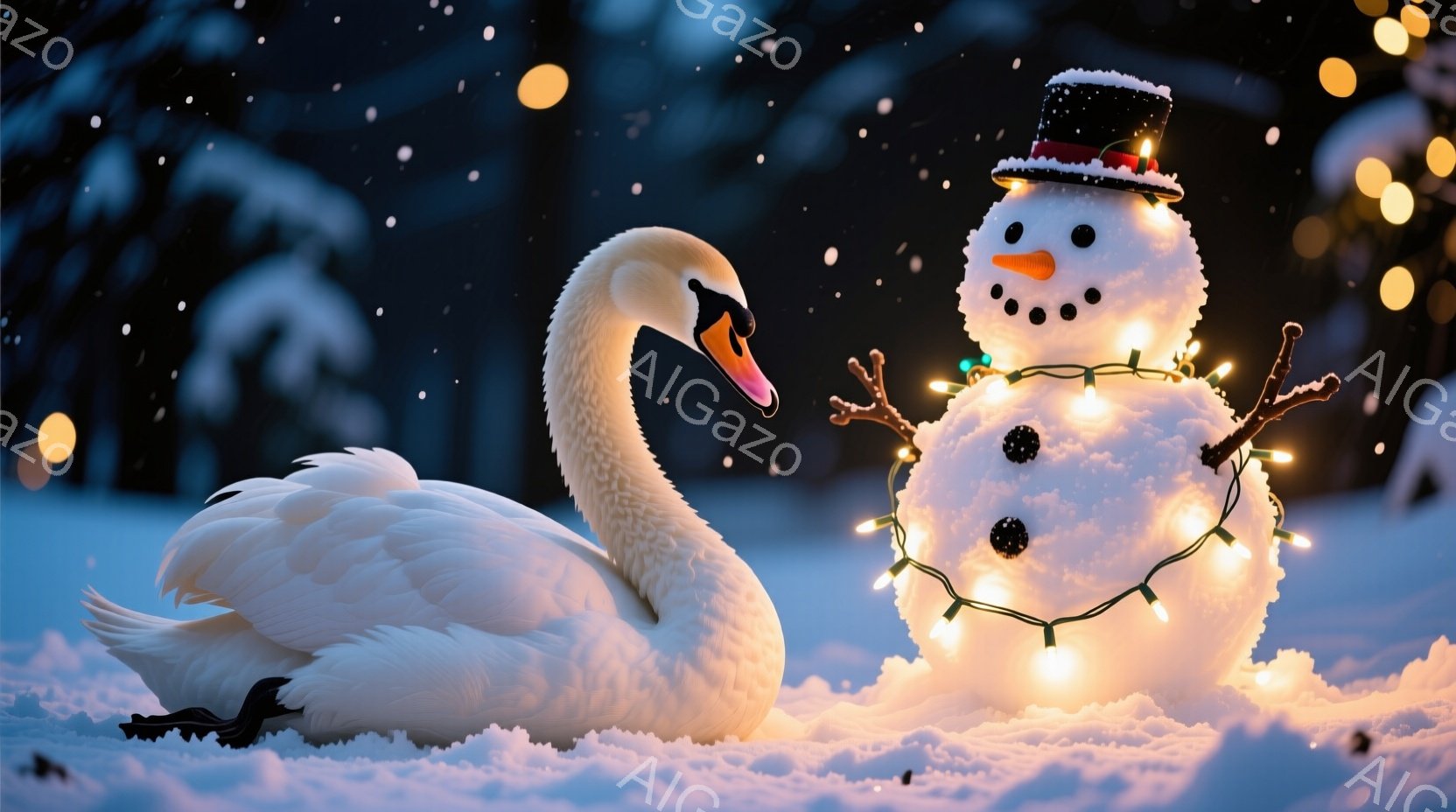 白い冬景色の中に、優雅な白鳥が横たわり、その隣には雪だるまが飾られています。雪だるまは、つばめの形の帽子をかぶり、オレンジ色の鼻と口、そして光るクリスマスライトで飾られており、冬の暖かさを添えています - AI生成フリー素材