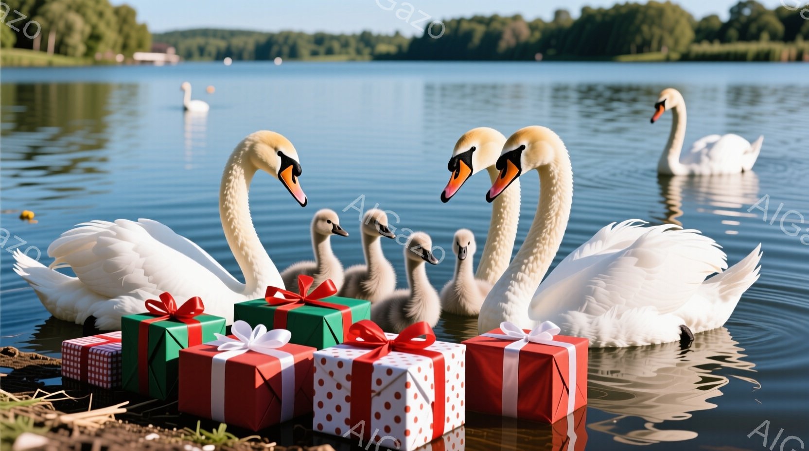 白鳥の家族が水面に浮かび、その周りにはカラフルなリボンで飾られたプレゼントボックスが並んでいます。親鳥は優雅に首を曲げ、子鳥たちは親鳥の翼の下で安心そうにしています。背景には穏やかな湖と緑豊かな木々が - AI生成フリー素材