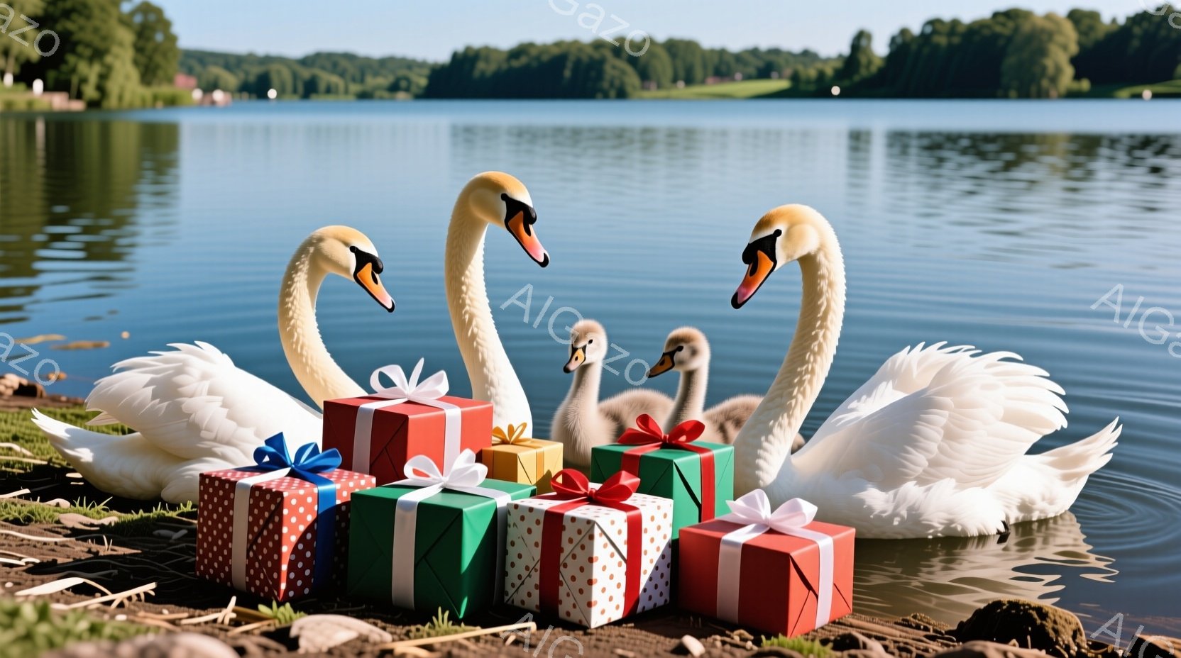 白いハクチョウの親鳥と子鳥が、プレゼントの箱に囲まれて水辺に浮かんでいます。プレゼントは赤、緑、白などの色で、リボンが飾られています。背景には穏やかな湖と緑豊かな木々が広がり、平和で祝祭的な雰囲気を醸し出しています。