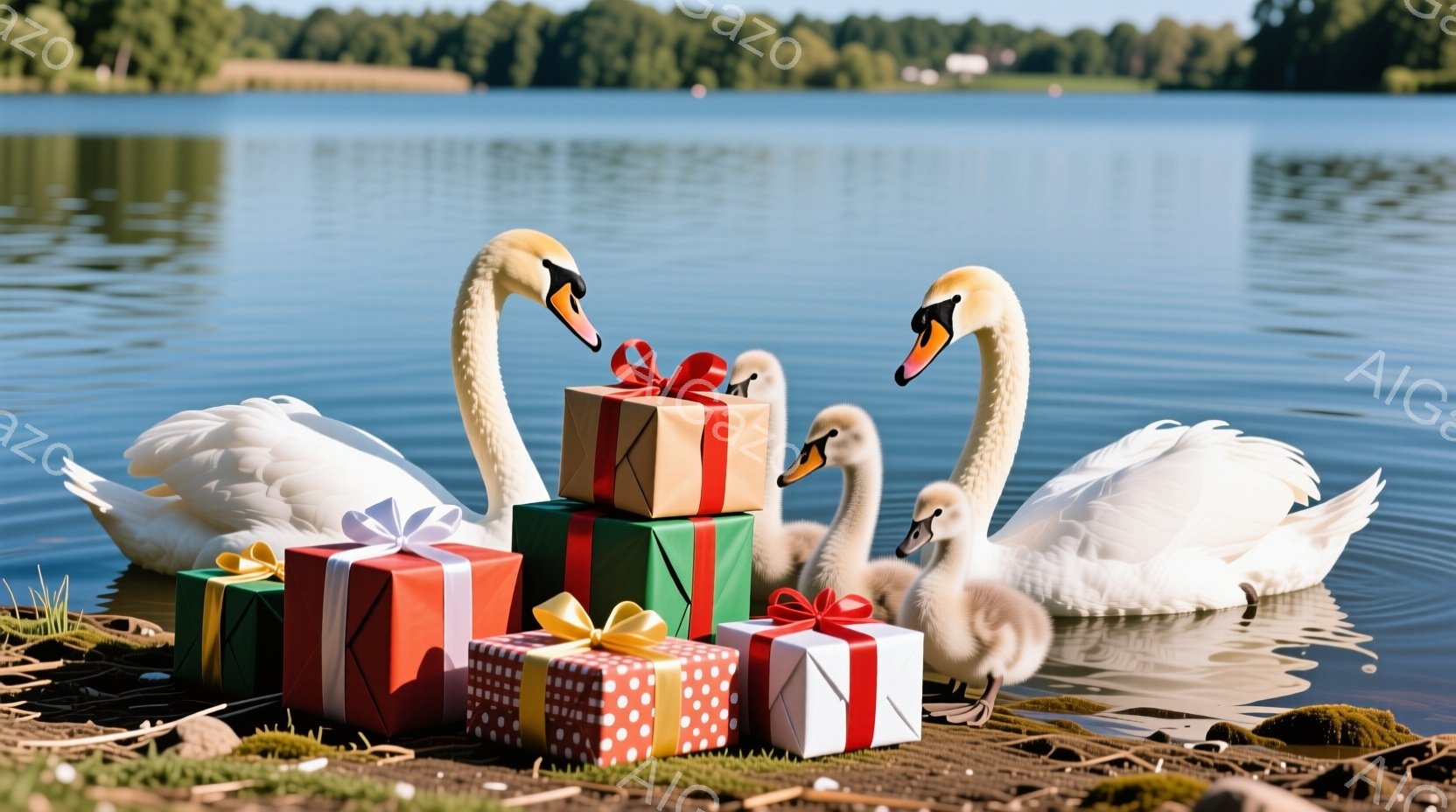 白い鳥（ハクチョウ）の家族が、色とりどりのプレゼントの箱に囲まれて水上に浮かんでいます。親鳥は優雅に首を伸ばし、雛たちは箱を見つめています。背景には穏やかな湖と緑豊かな木々が広がり、晴れた日の暖かく平和な雰囲気を醸し出しています。
