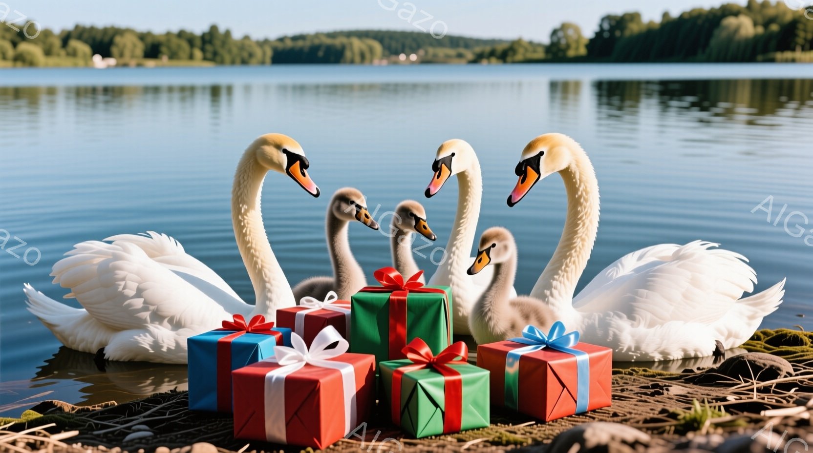 白い鳥である白鳥の家族が、水辺の泥の地面に並んで座っています。その前には、赤と緑のリボンで結ばれたプレゼントボックスがいくつか置かれています。背景には穏やかな湖と緑豊かな木々が広がっており、晴れた日の - AI生成フリー素材