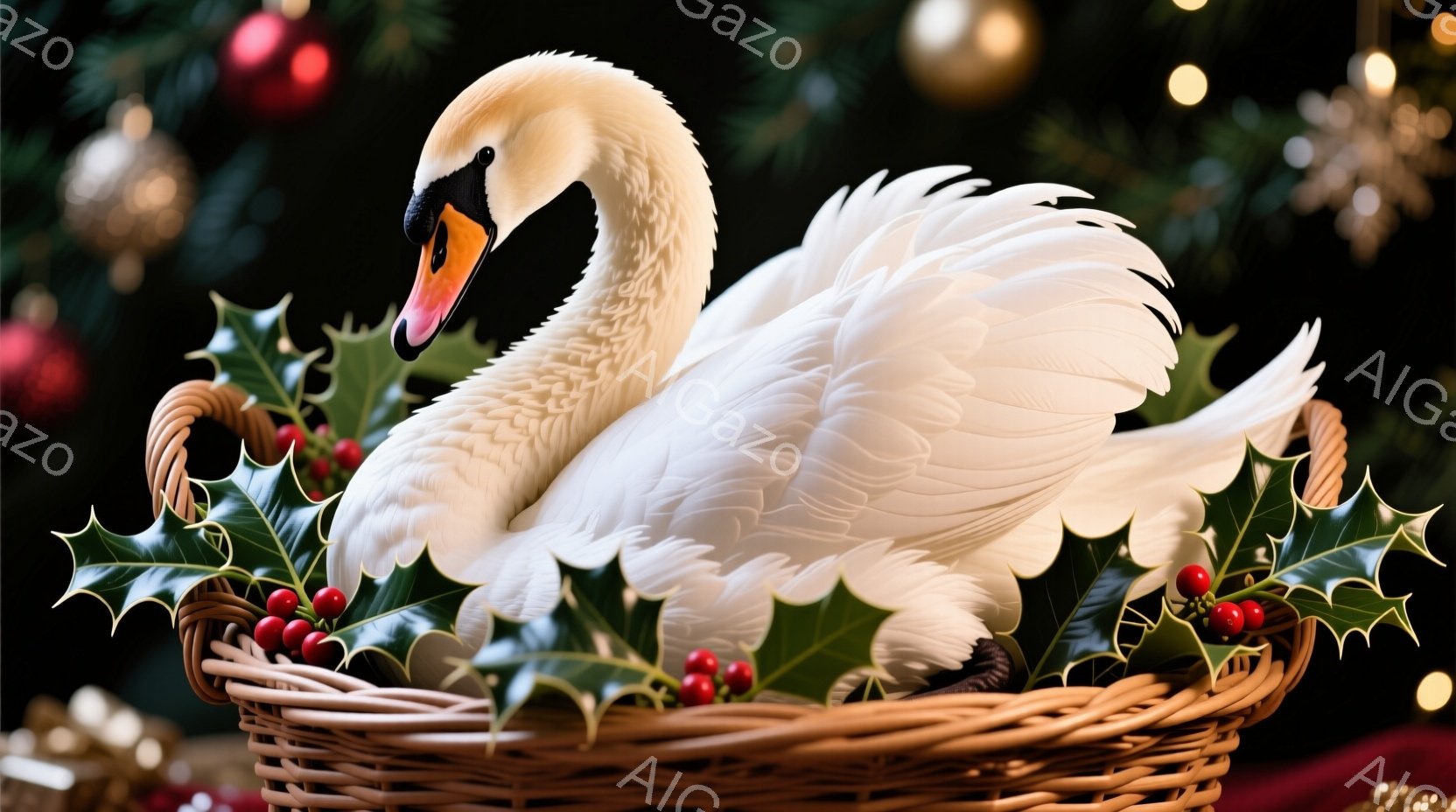 白いハクチョウが、赤い実のついた葉と枯れ色の籐で編まれたバスケットの中に横たわっています。背景には、ぼやけたクリスマスツリーの飾りと光が見え、全体的に暖かく、穏やかな祝祭の雰囲気が漂っています。ハクチ - AI生成フリー素材