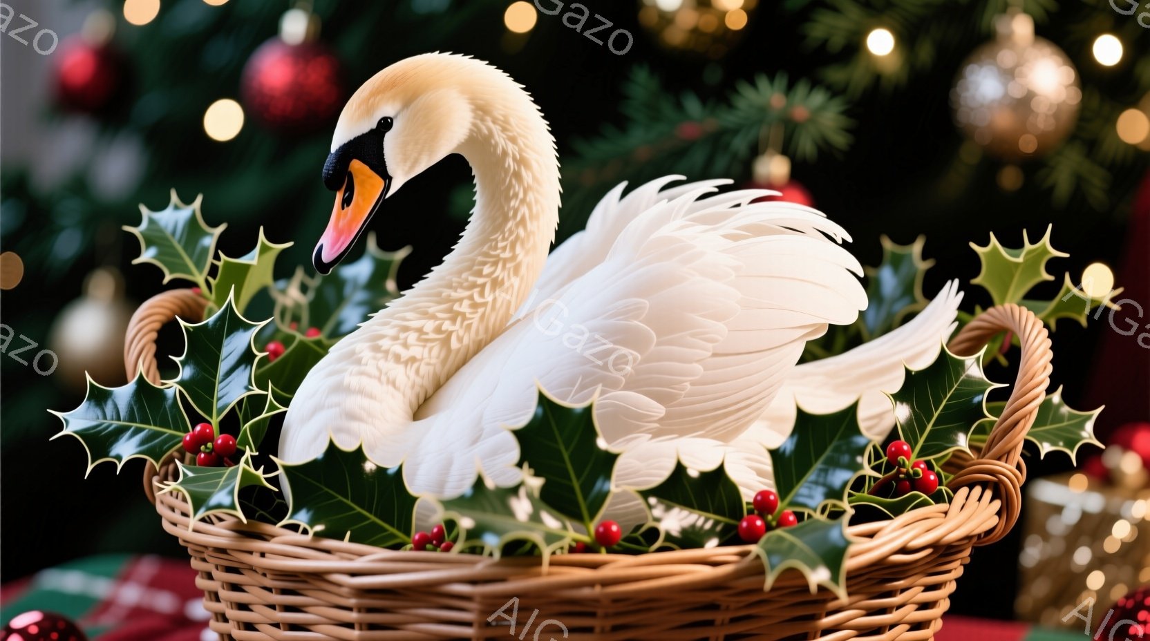 白い鳥、おそらく白鳥が、クリスマスらしい葉や赤い実で飾られた編み込みの籠の中に横たわっています。鳥は優雅な姿勢で首を伸ばし、リラックスした様子を呈しています。背景にはぼやけたクリスマスツリーの光が見え - AI生成フリー素材