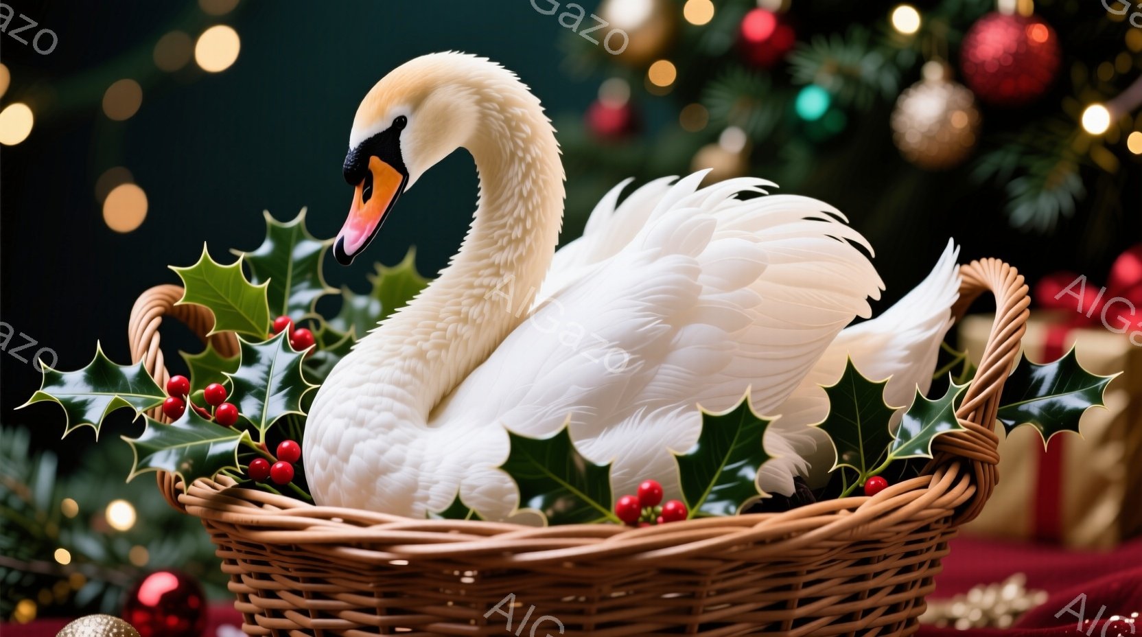 白い鳥の置物が、葉っぱと赤い実で飾られた籠の中に横たわっています。背景には、ぼやけたクリスマスツリーとオーナメントが散りばめられ、暖かくお祝いの雰囲気を醸し出しています。全体的に、静かで平和な休日の情 - AI生成フリー素材
