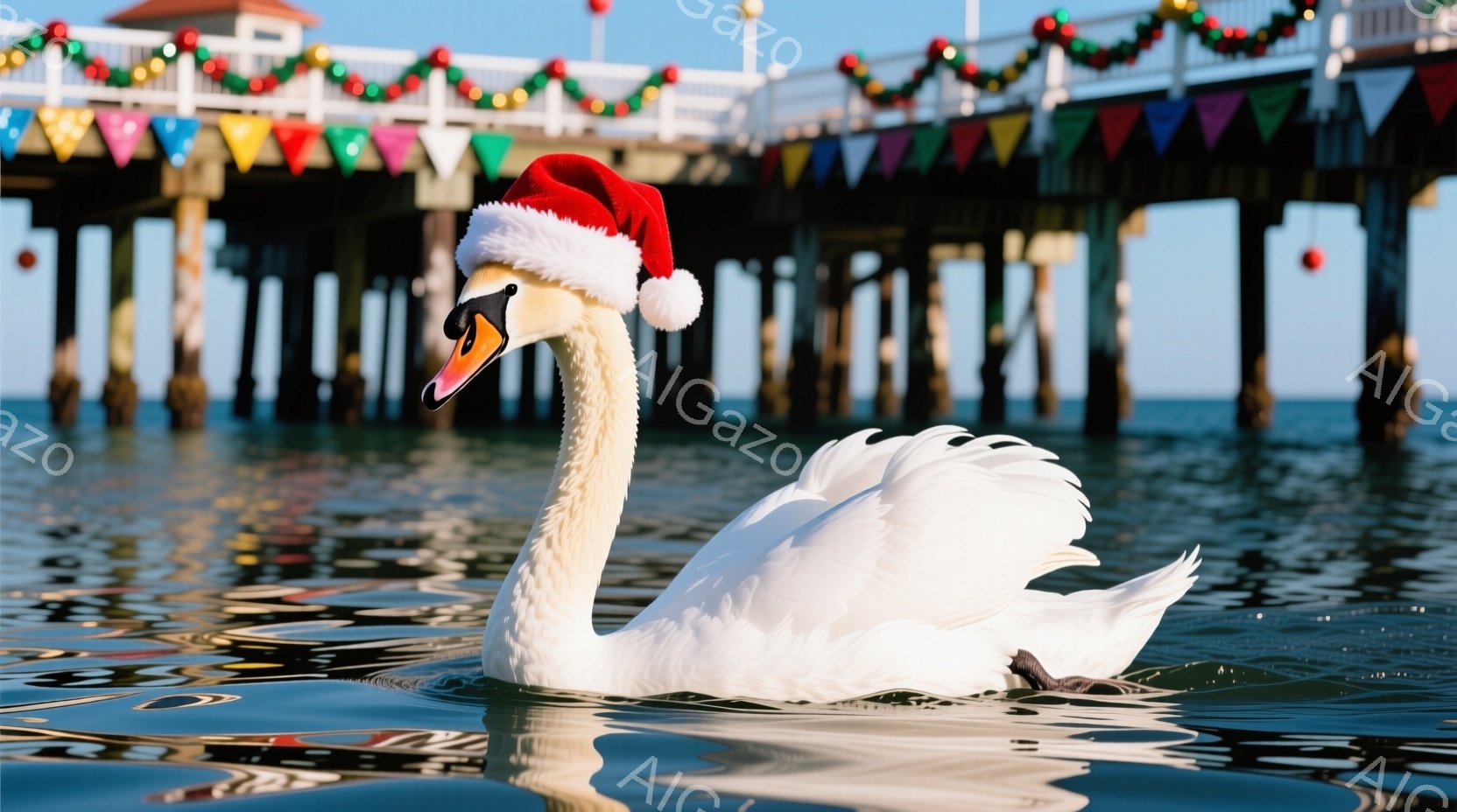白いハクチョウが水面を優雅に泳いでおり、頭には赤いサンタ帽が乗っています。背景には、カラフルな旗やイルミネーションで飾られた桟橋が見え、穏やかな海と晴れた空が広がっています。全体的に、温かく、お祝いム - AI生成フリー素材