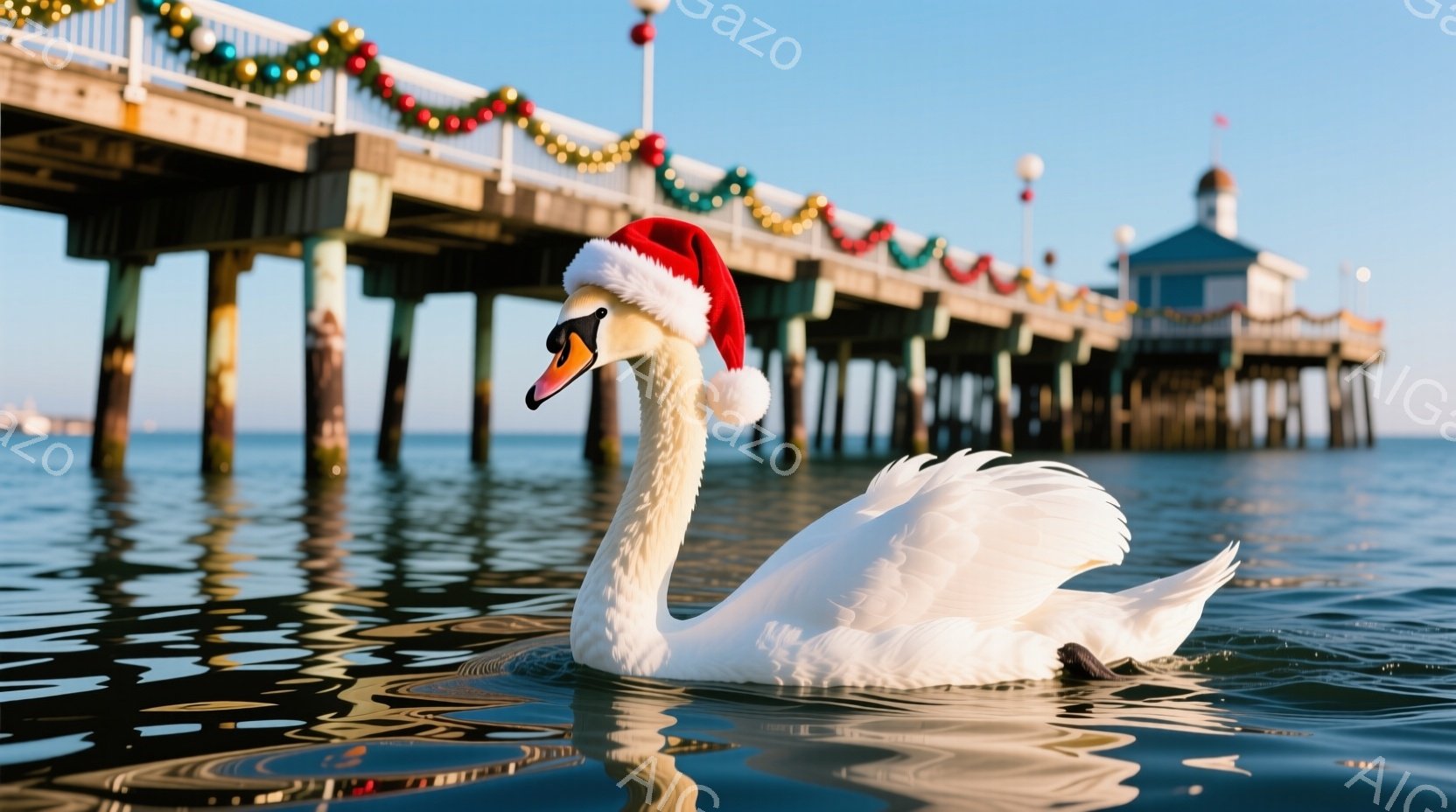 白鳥が水面を優雅に泳いでおり、頭にはサンタクロースの帽子が乗っています。背景には、クリスマス飾りが施された桟橋と青い空が広がり、穏やかで祝祭的な雰囲気が漂っています。水面には鳥の姿が映り込み、光の反射 - AI生成フリー素材