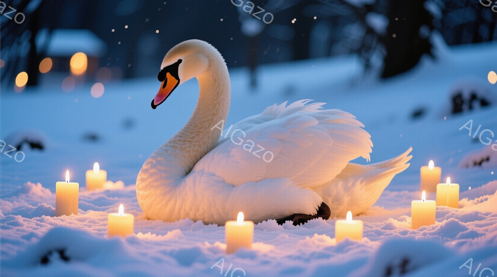 白い羽毛を持つ白鳥が雪の上に座っており、優雅な姿勢を見せている。周囲には複数のロウソクが置かれ、雪原を暖かく照らし、背景にはぼやけた木々が見える。 全体的に静かで幻想的な雰囲気が漂い、冬の夜の神秘的な - AI生成フリー素材