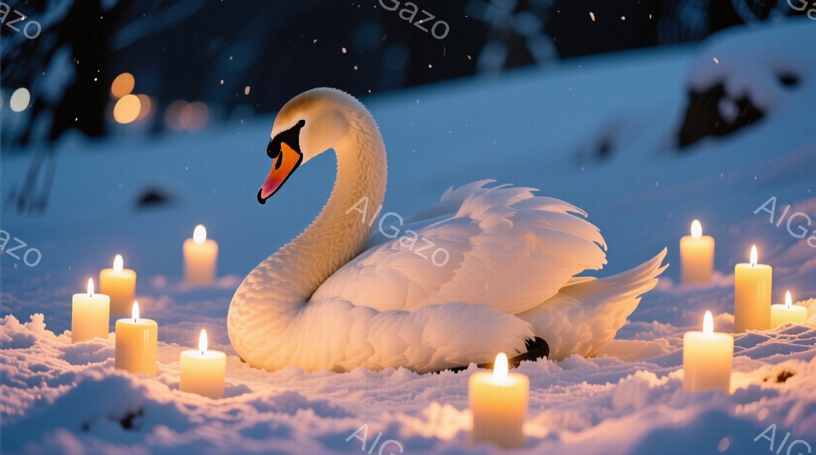 白い鳥である白鳥が雪の上に優雅に横たわっており、その周りには点灯したキャンドルが円を描くように配置されている。背景は暗く、雪が舞っている様子が伺え、幻想的で静謐な雰囲気を醸し出している。キャンドルの光が白鳥の白い羽を照らし、温かく穏やかな光景を作り出している。
