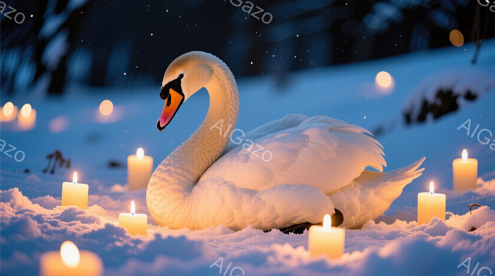 白いハクチョウが雪景色の中に優雅に佇んでいます。周囲には無数のロウソクが灯り、幻想的な光景を作り出しています。雪は静かに降り積もり、背景にはぼんやりとした木々のシルエットが見え、全体的に穏やかで神秘的な雰囲気を醸し出しています。