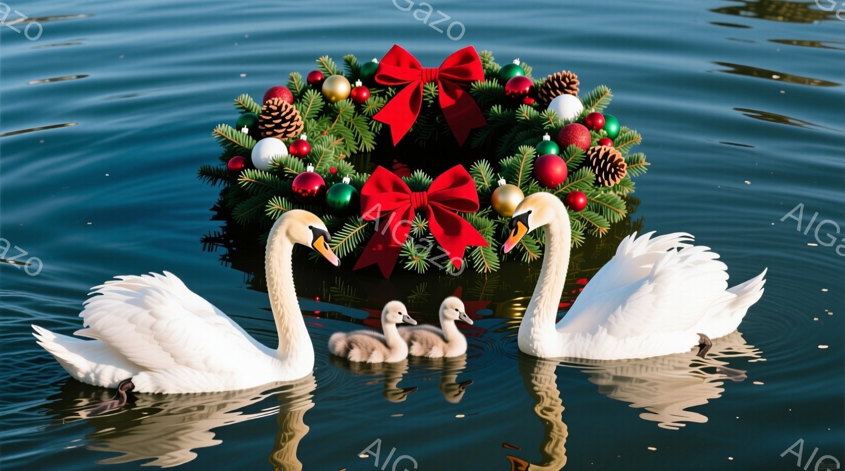 白いハクチョウの親鳥と、その幼鳥が水面に浮かんでいる。背景には、クリスマスツリーのような緑の装飾が浮かんでおり、赤いリボンと様々な色のオーナメントで飾られている。穏やかな水面と明るい光が、暖かく平和な - AI生成フリー素材