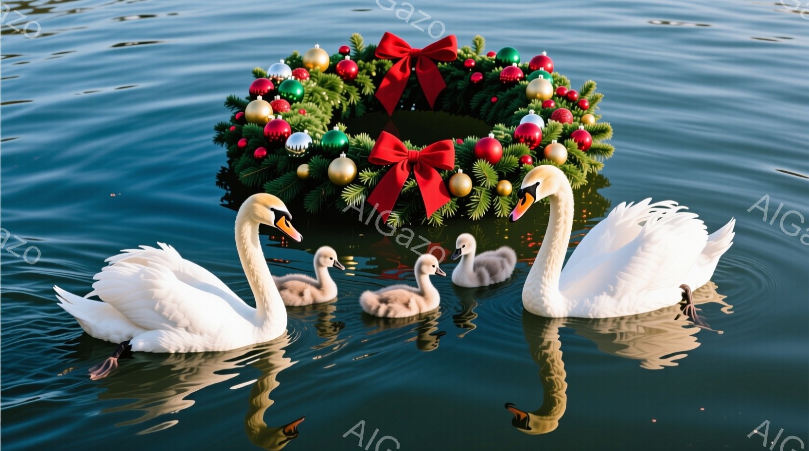 白い大鳥（ハクチョウ）が三羽の子鳥を連れて水面を泳いでいる。背景には緑色のクリスマスリースが浮かんでおり、赤いリボンと装飾が施されている。水面には鳥たちの姿が美しく映り込み、穏やかで平和な雰囲気を醸し出している。
