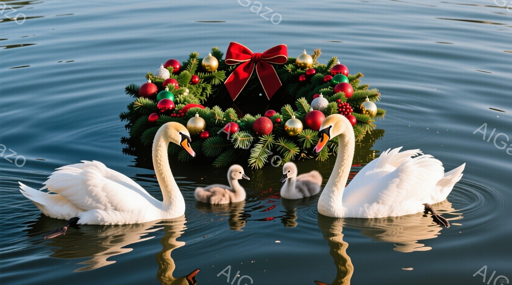 白い白鳥の家族が水面に浮かんでいます。親鳥二羽は幼い白鳥二羽を囲み、皆水面に映る姿は穏やかで平和な雰囲気です。背景にはクリスマスリースが浮かんでおり、赤いリボンと飾り付けが華やかさを添え、冬の穏やかな - AI生成フリー素材