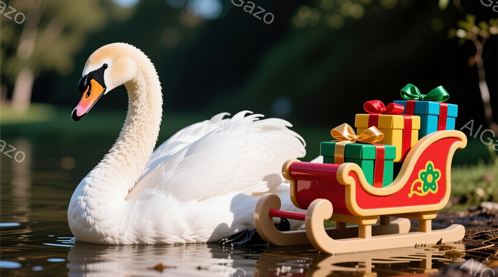 白いハクチョウが水面に浮かび、赤いそりにプレゼントが積まれています。そりはハクチョウの横に置かれ、水面に反射してキラキラと光っています。背景には緑豊かな木々がぼやけており、穏やかで幻想的な雰囲気を醸し出しています。