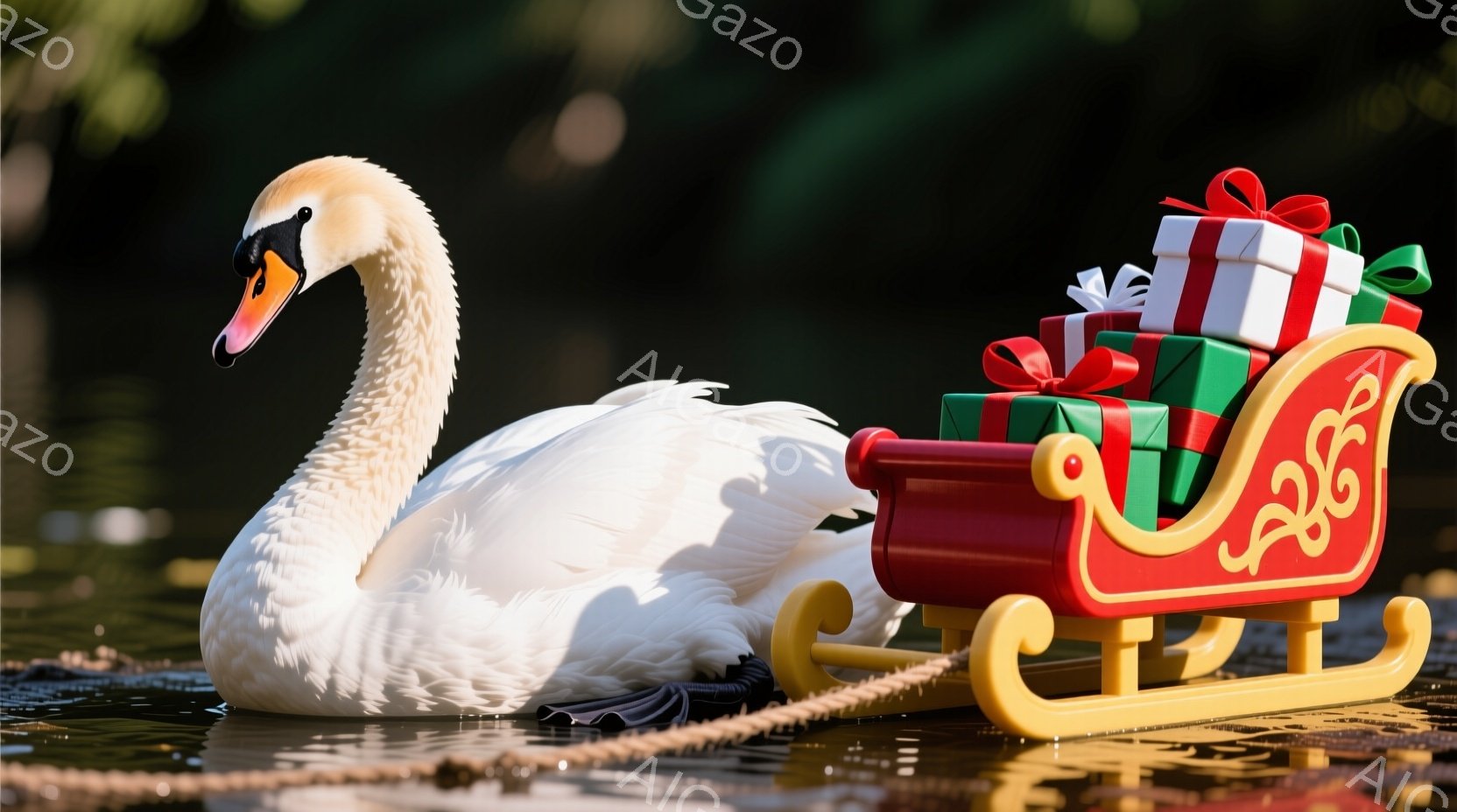 白い鳥、おそらく白鳥が水面に浮かび、穏やかな表情で前方を向いています。その前には、赤いそりがあり、緑色のリボンで結ばれたプレゼントがいくつか積まれています。背景は暗い緑色で、水面には鳥の反射が見られ、 - AI生成フリー素材