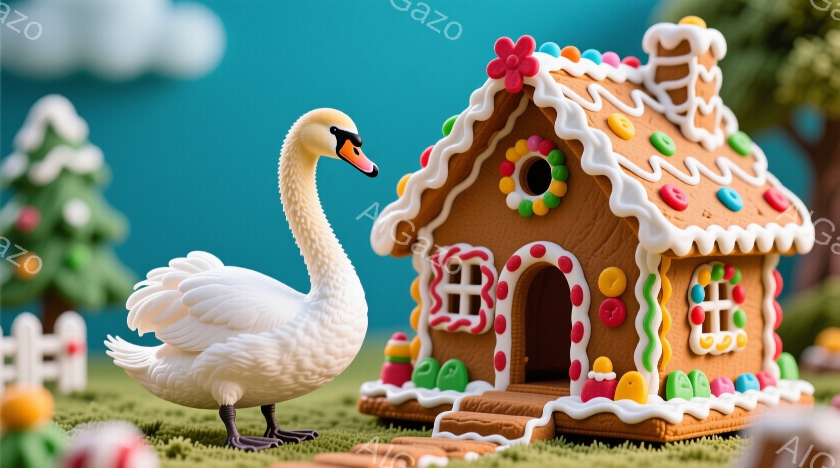 白い鳥、おそらく白鳥が緑色の芝生の上に立っており、背景にはお菓子の家があります。お菓子の家はジンジャーブレッドで作られているようで、カラフルなキャンディーやアイシングで飾られています。全体的に、クリス - AI生成フリー素材
