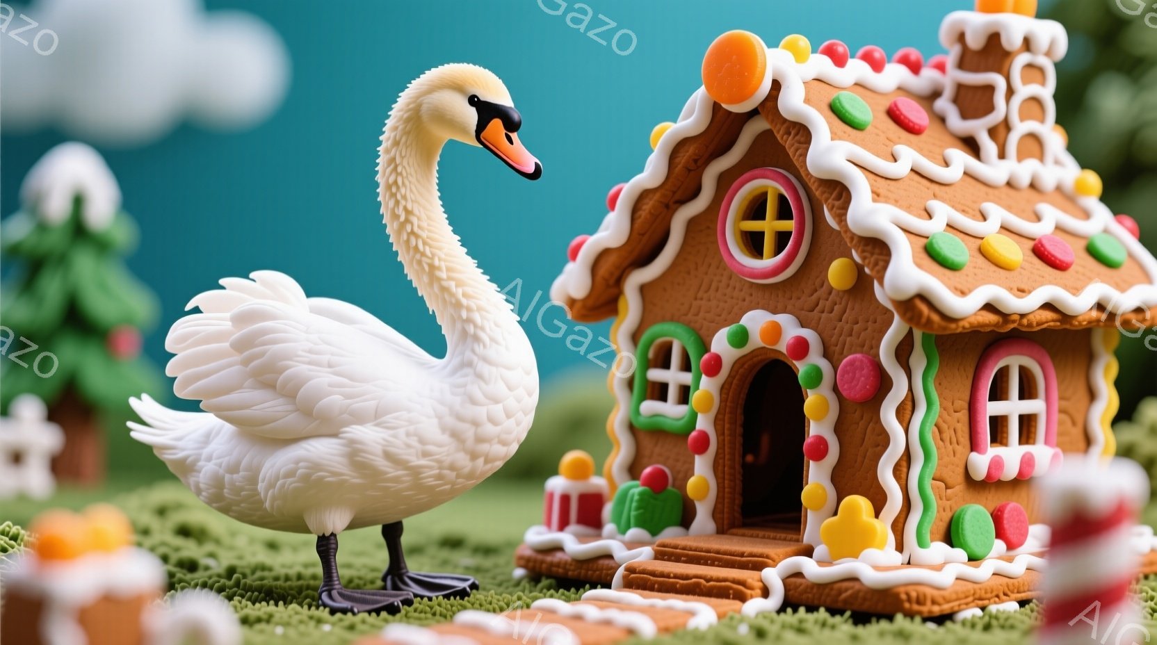白い鳥、おそらく白鳥が、緑色の芝生の上に立っており、その横にはジンジャーブレッドハウスがあります。ジンジャーブレッドハウスはカラフルなキャンディーで飾られ、屋根にはオレンジ、赤、緑色のものが並んでいます。背景には、小さな木々と青い空が広がり、おとぎ話のような、暖かく楽しい雰囲気を醸し出しています。