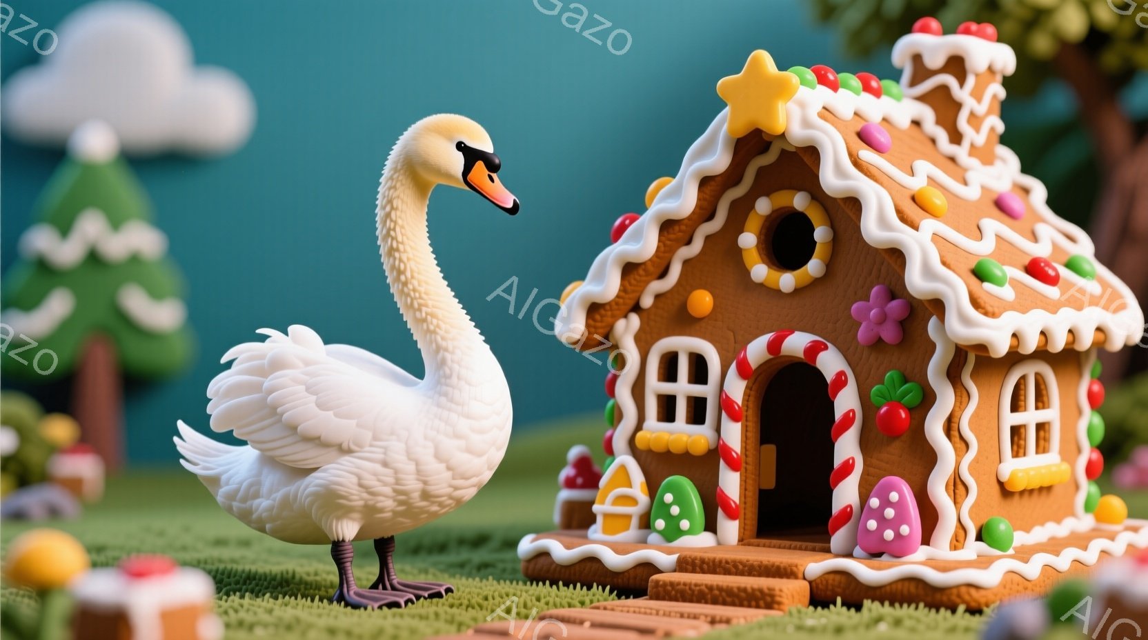 白い鳥、おそらく白鳥が、緑の芝生の上に立っており、背景にはお菓子で作られた家があります。家はジンジャーブレッドで作られているようで、カラフルなキャンディーやアイシングで飾られ、可愛らしい雰囲気を醸し出 - AI生成フリー素材