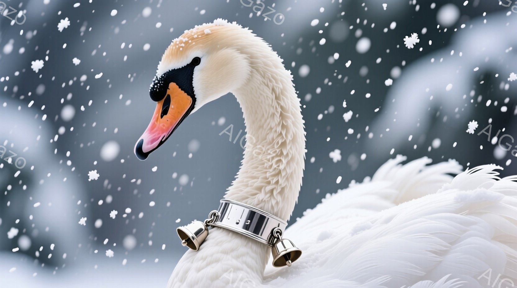 白鳥が画面の大部分を占め、首を優雅に曲げています。首には銀色の首輪と小さな鐘がついており、ユニークな装飾が施されています。背景は雪が舞う冬の景色で、白鳥の白い羽毛とコントラストを作り、静かで幻想的な雰囲気を醸し出しています。