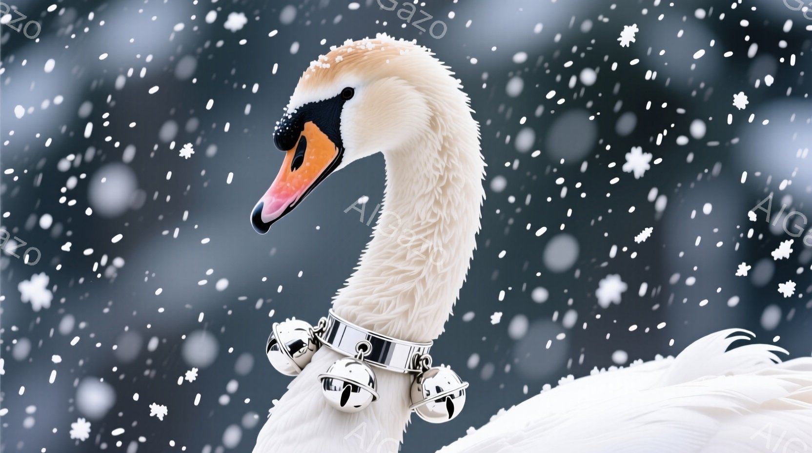 白い羽毛に覆われた白鳥が、首に銀色の鈴の首輪をつけている。その表情は穏やかで、少し上を見ている。背景はぼやけた雪の風景で、冬の静寂と優雅さを感じさせる。