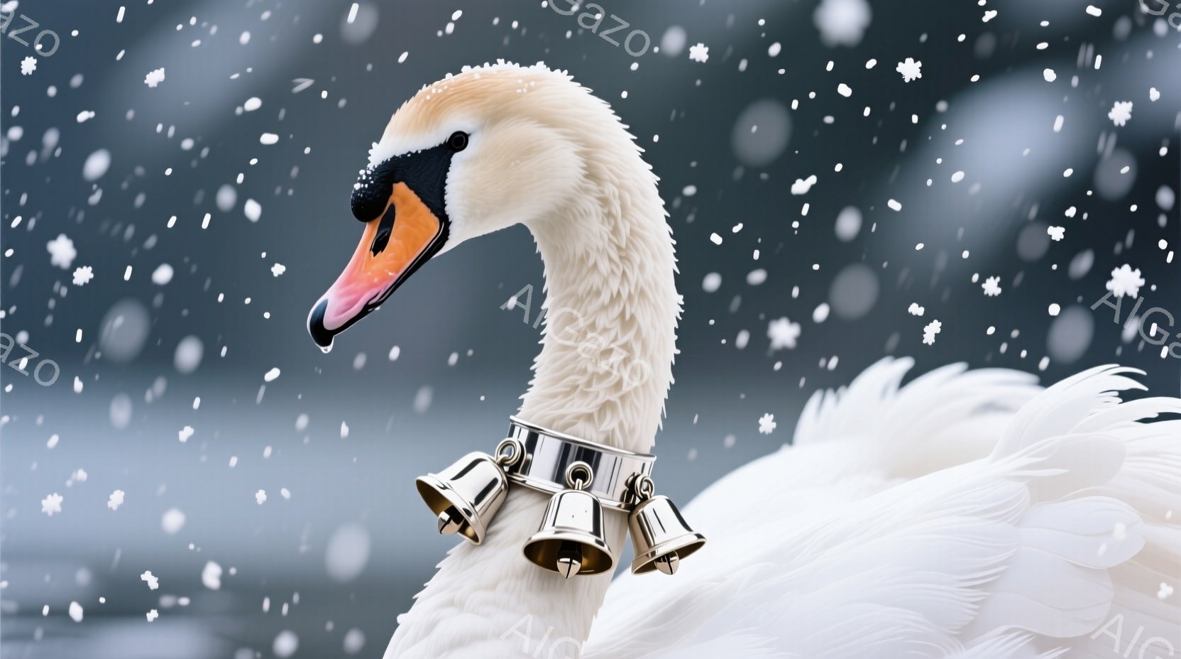 白鳥が雪が降る中で、首に銀色の鈴がついた首輪をつけている姿が描かれています。その表情は穏やかで、雪景色の中に静かに佇んでいます。背景は灰色がかった空と雪でぼやけており、全体的に幻想的で冬の静寂な雰囲気を醸し出しています。