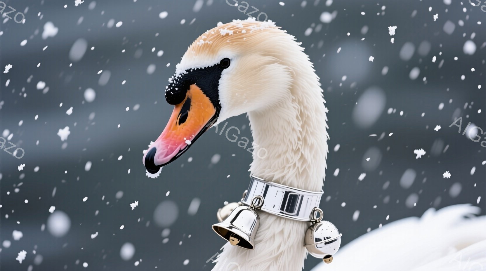 白い首を持つハクチョウが、銀色の首輪と小さな鈴をつけてこちらを見ている。背景はぼやけた灰色で、まるで雪が降っているかのような雰囲気だ。 全体的に、穏やかで幻想的な印象を受ける。