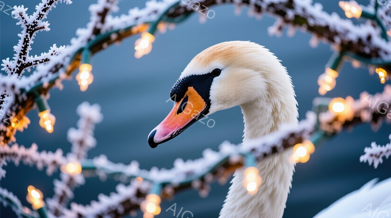 白鳥がフレームの右側に大きく写っており、首を優雅に伸ばし、オレンジと黒のくちばしが印象的です。背景には、雪で覆われた枝に飾られた温かい光のイルミネーションが広がり、冬の静けさの中に暖かさを感じさせます。全体的に、雪と光が織りなす幻想的な雰囲気の中で、白鳥の美しさが際立っています。