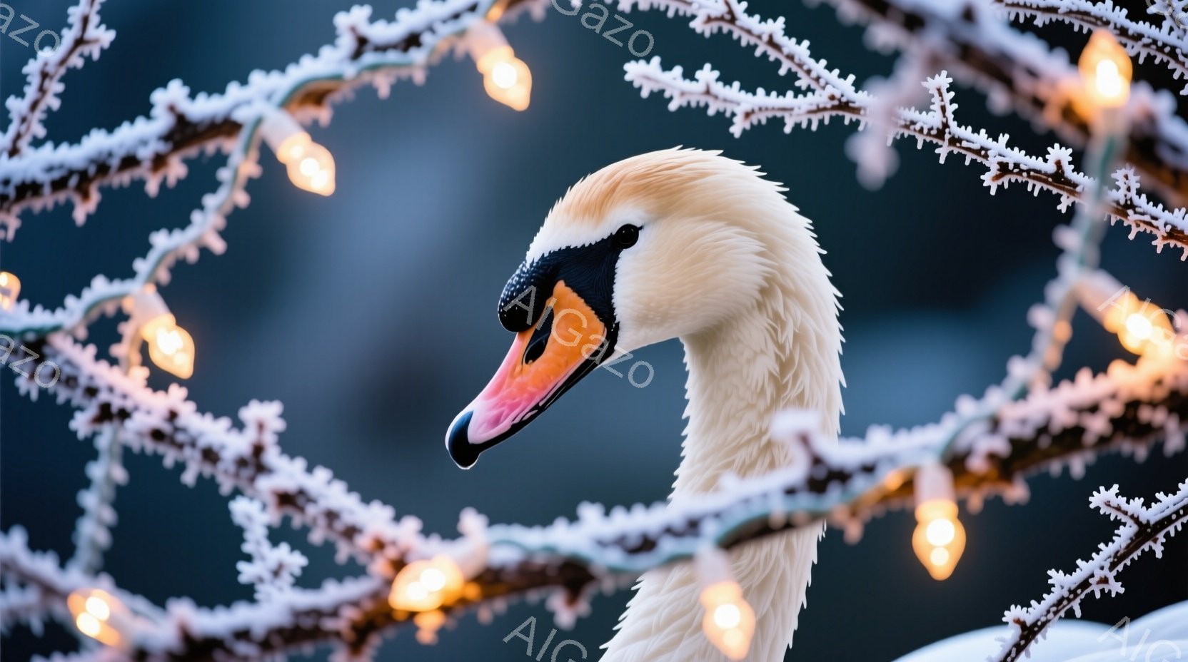 白鳥が画面の左側に配置され、首を優雅に曲げています。背景には、雪で覆われた枝に飾られた暖かい色の光が散りばめられ、冬の幻想的な雰囲気を醸し出しています。白と黒のコントラストが際立つ白鳥の姿は、雪景色の中で静かで美しい存在感を放っています。