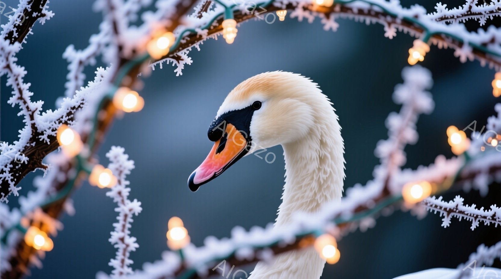 白鳥の首と頭が、雪で覆われた枝に囲まれて描かれている。オレンジ色のくちばしと黒い目が印象的で、優雅で静謐な雰囲気を醸し出している。背景は暗い青色で、枝に飾られた暖かい光が冬の寒さを和らげている。