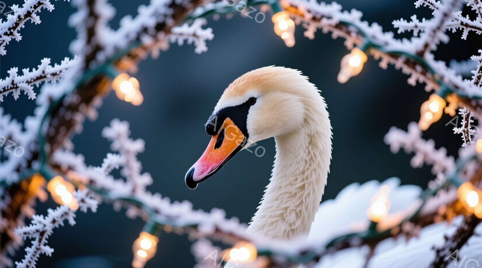 白鳥がフレームの大部分を占めており、鮮やかなオレンジ色のくちばしと黒い目が印象的です。その姿は優雅で、白い羽毛が柔らかく光を反射しています。背景には、冬の夜を彩るように、白い霜で覆われた枝と暖かい光を放つ小さな電飾が散りばめられており、幻想的な雰囲気を醸し出しています。