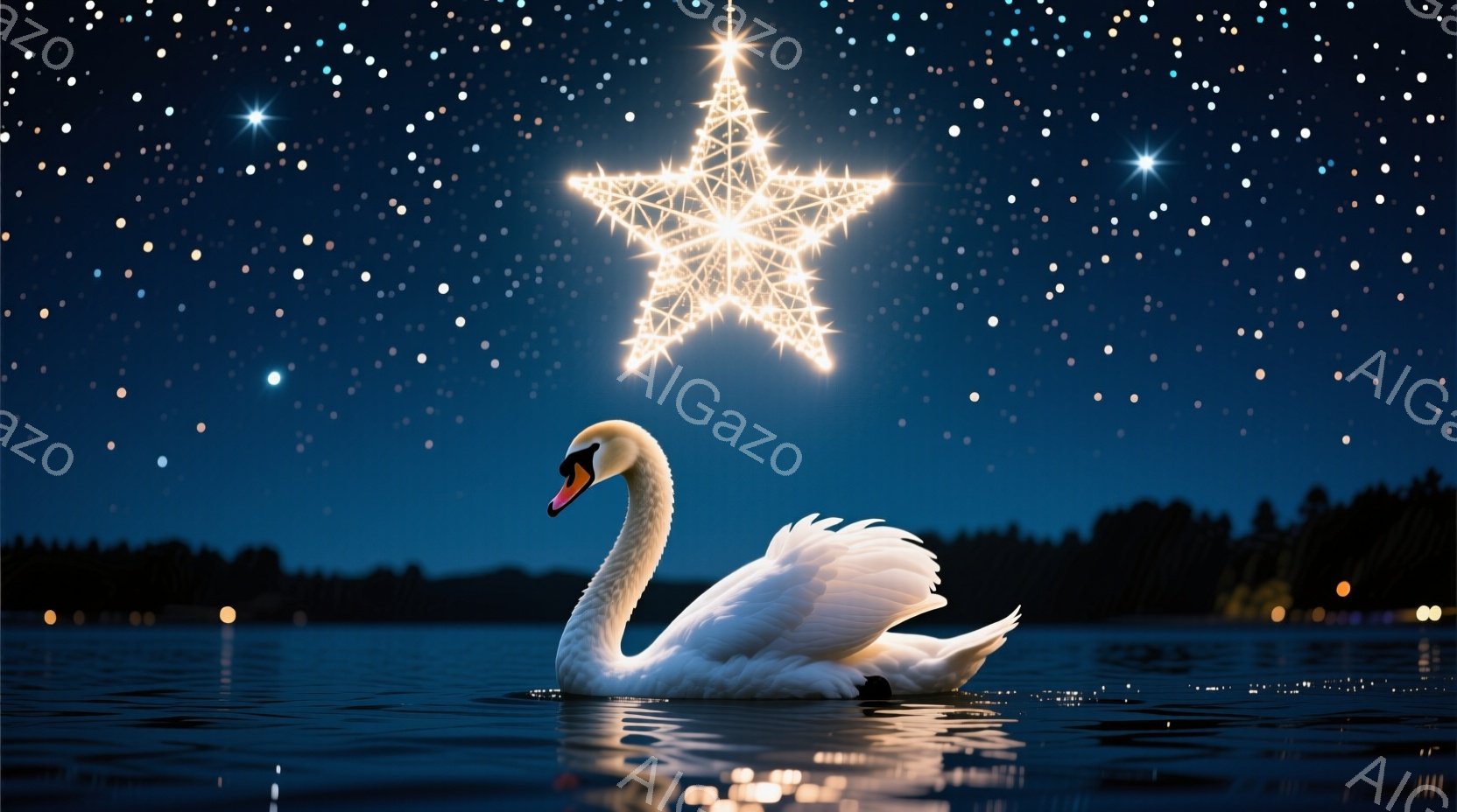 白い白鳥が静かな水面を優雅に泳いでいる様子が描かれている。夜空には無数の星が輝き、その上に明るく輝く星形の光が浮かんでいる。背景には暗いシルエットの木々と、遠くに見えるぼんやりとした光が確認でき、幻想的な雰囲気を醸し出している。