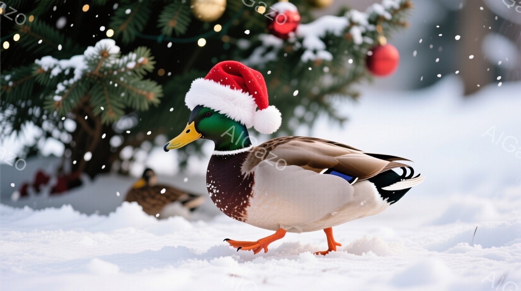 これは、雪景色の中でサンタ帽を被ったオスのマガモです。彼は雪の上を歩いており、顔は真剣な表情をしています。背景には、クリスマスオーナメントで飾られた緑の木があり、雪が舞い散る冬の雰囲気を作り出していま - AI生成フリー素材