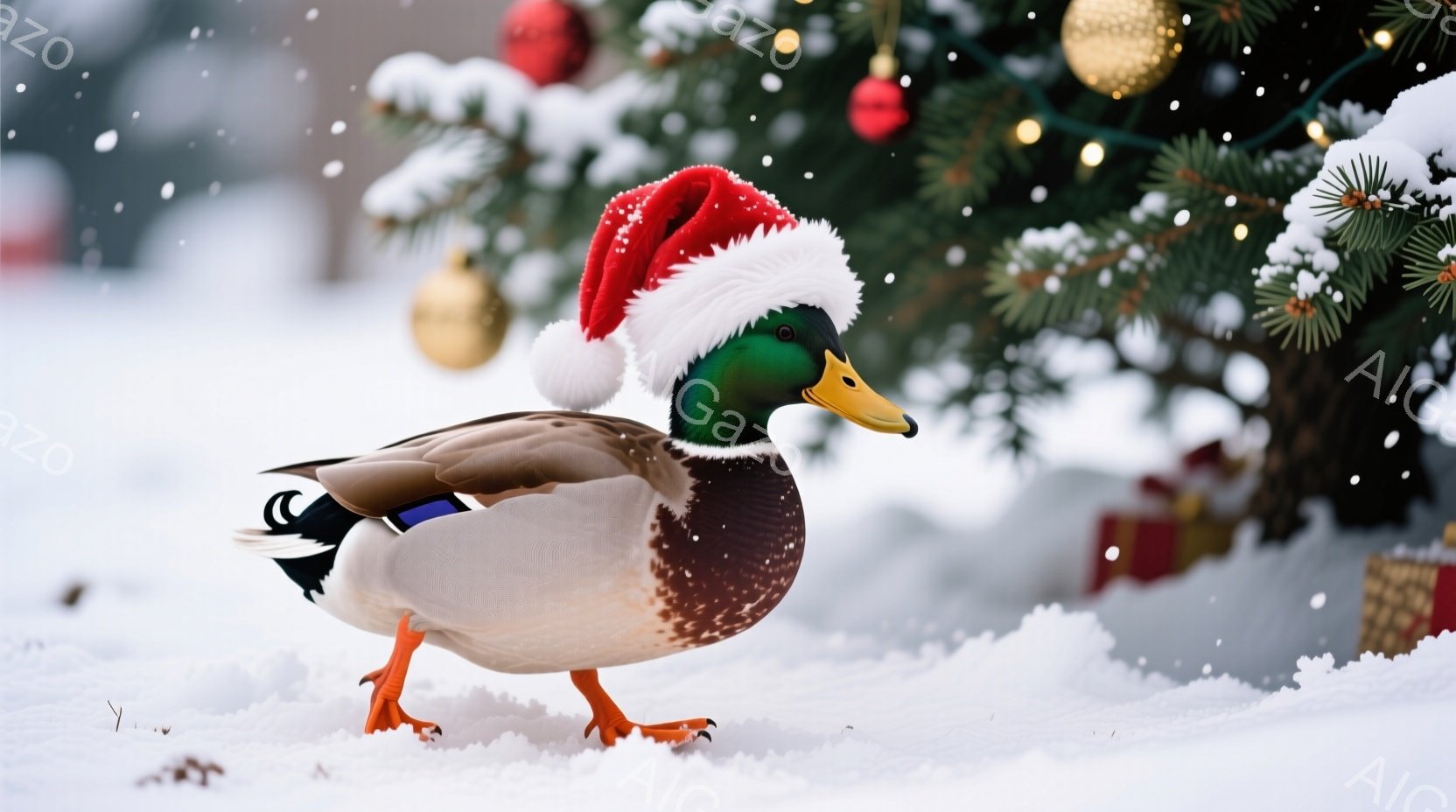 これは、赤いサンタの帽子をかぶった雄のマガモが雪の上に立っている写真です。背景には、装飾されたクリスマスツリーとプレゼントボックスが見え、雪が舞い散る冬の風景が広がっています。全体的に、陽気で祝祭的な - AI生成フリー素材