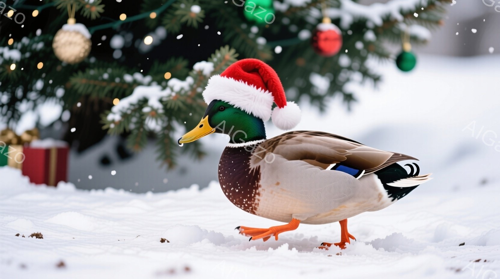 アヒルが雪の上に立っており、頭には赤いサンタ帽を被っています。背景にはクリスマスツリーとプレゼントの箱があり、雪が舞っている様子から、クリスマスの陽気な雰囲気が伝わってきます。アヒルのオレンジ色の足跡 - AI生成フリー素材