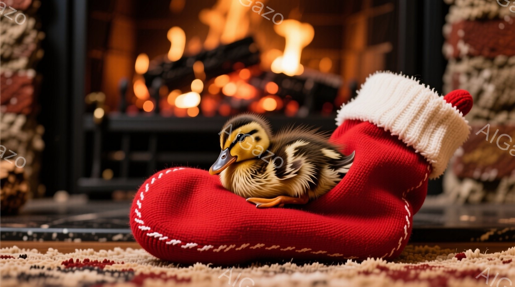赤いクリスマスソックスの中に、生まれたばかりのアヒルの雛が丸まって入っています。雛は黄色と茶色のふわふわとした羽毛を持ち、小さな目で見つめています。背景には暖炉があり、燃え盛る炎と木製のマントルピースが暖かく家庭的な雰囲気を醸し出しています。